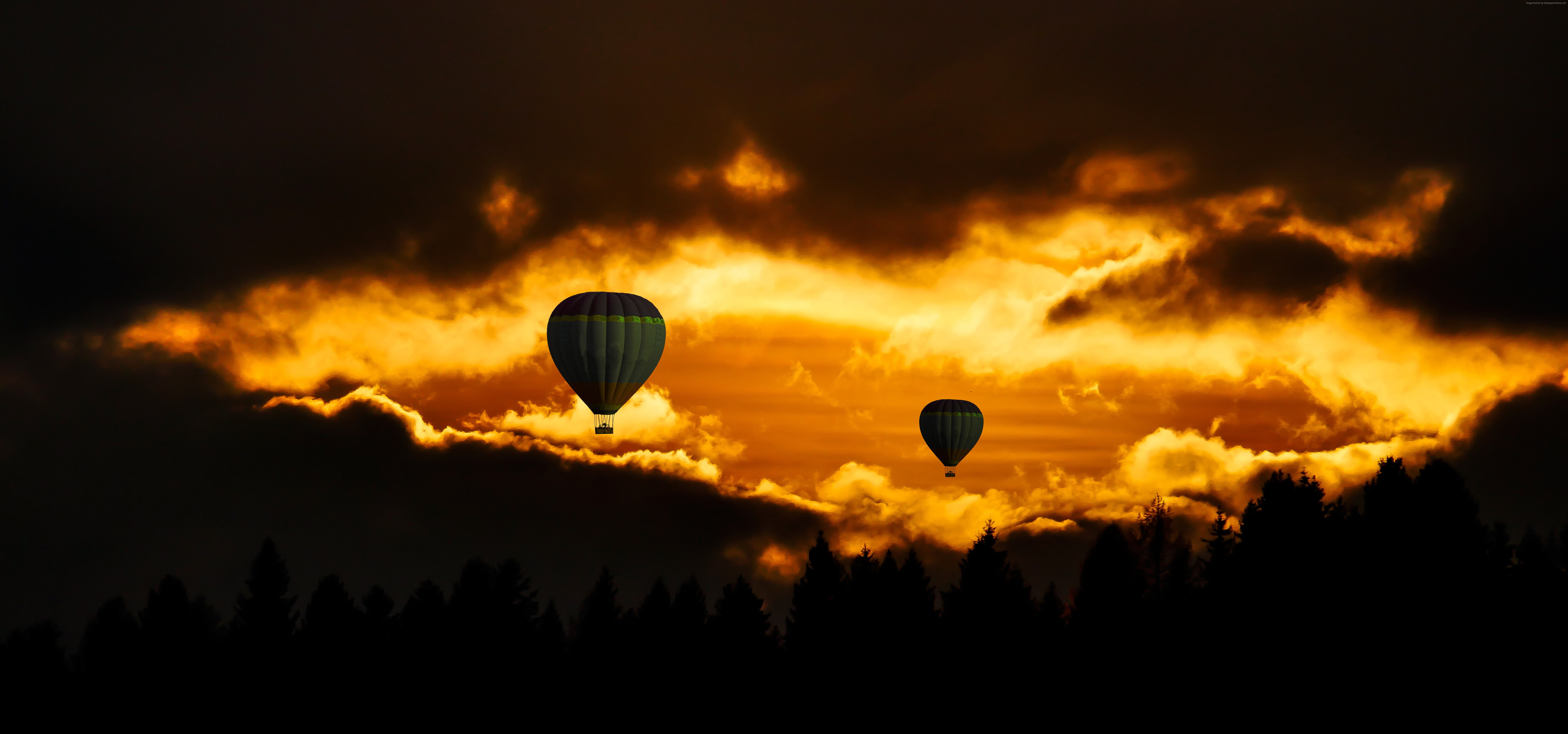 sky balloon sunset clouds forest 2k 4k 5k 8k