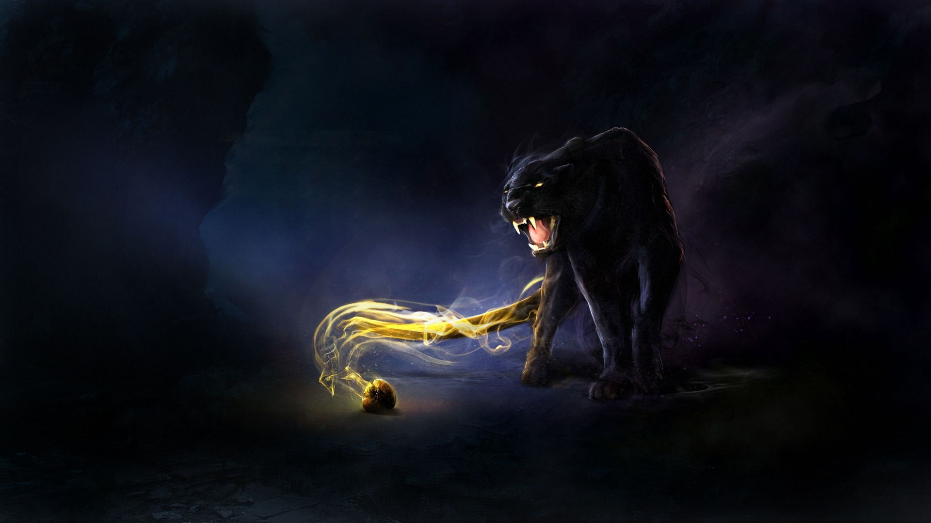 black panther and yellow light illustration pumas cat animals 2k