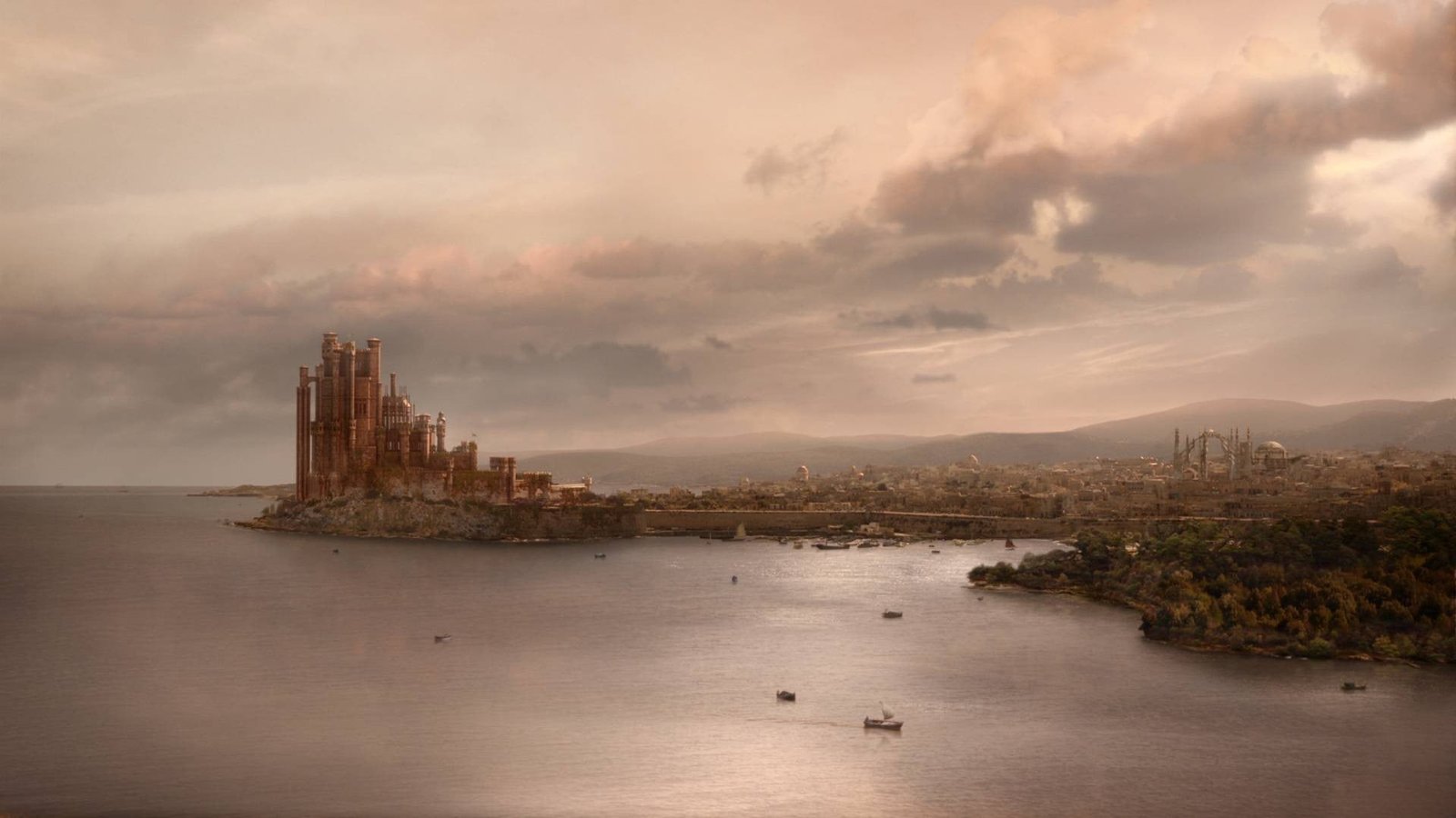 brown concrete buildings near body of water movie still 2k