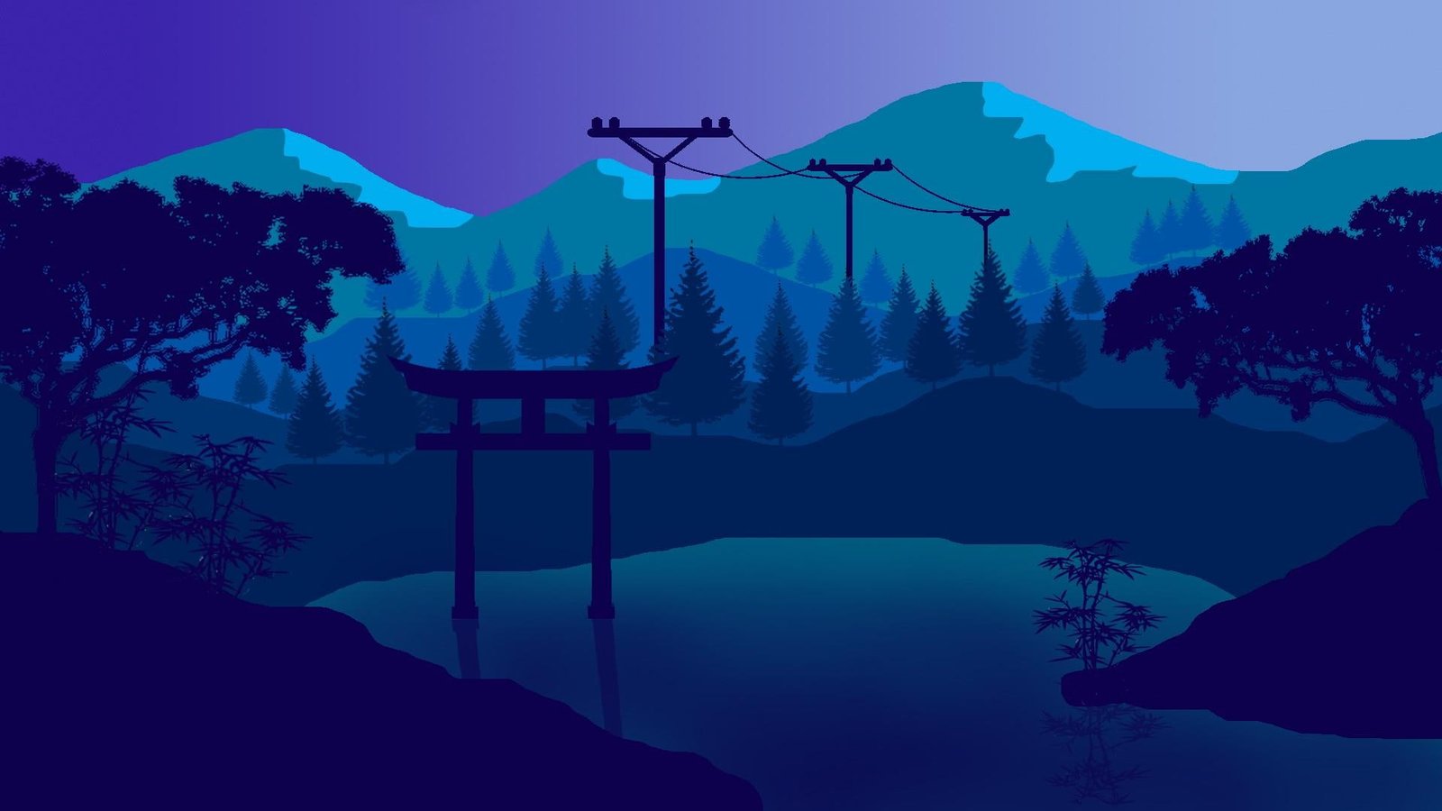 japan abstract landscape sky blue tree artwork nature 2k
