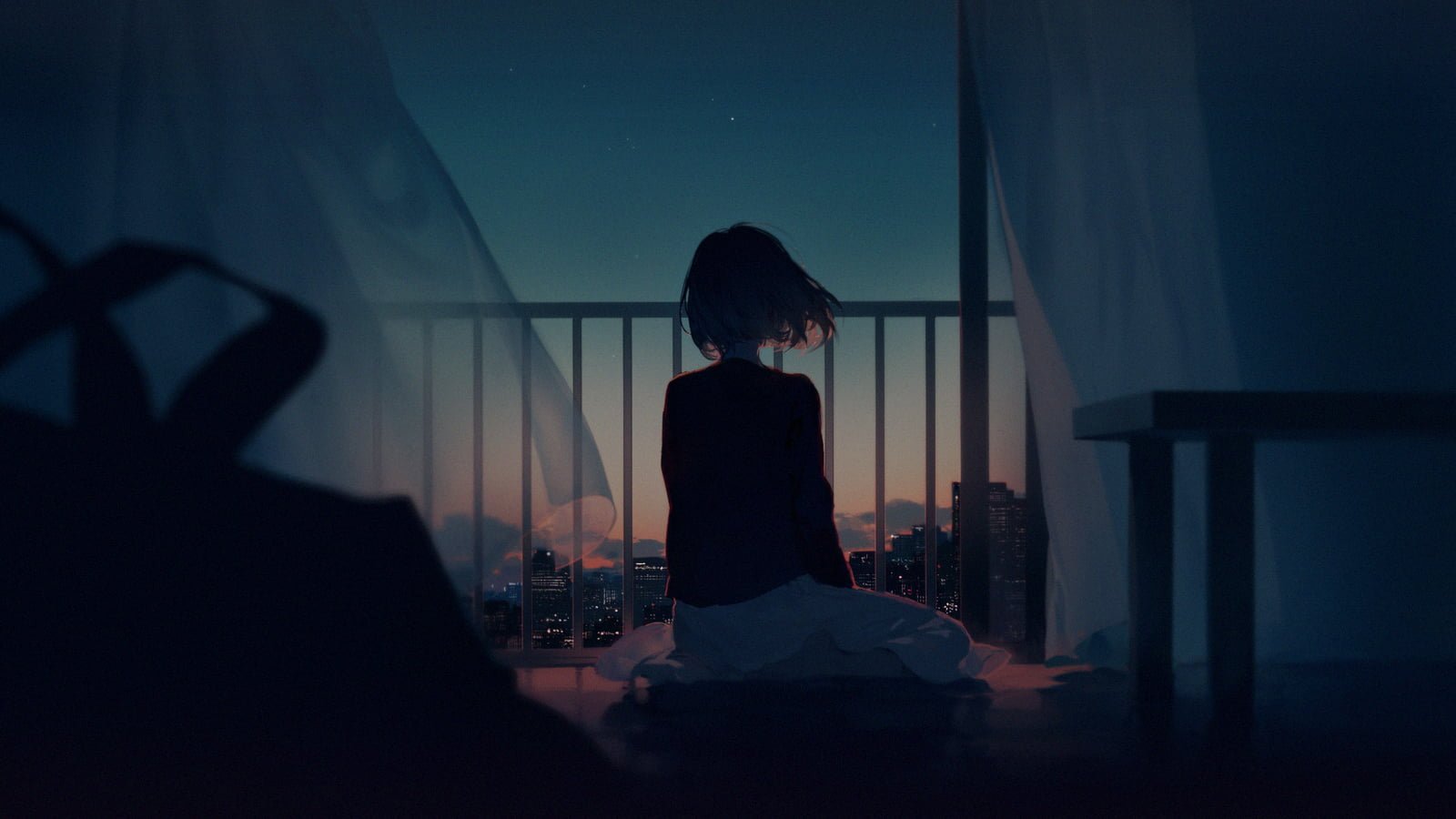 silhouette of person illustration Silent Voice movie scene city 2k