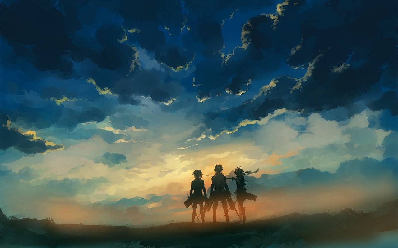 three anime characters illustration Attack on Titan display wallpaper