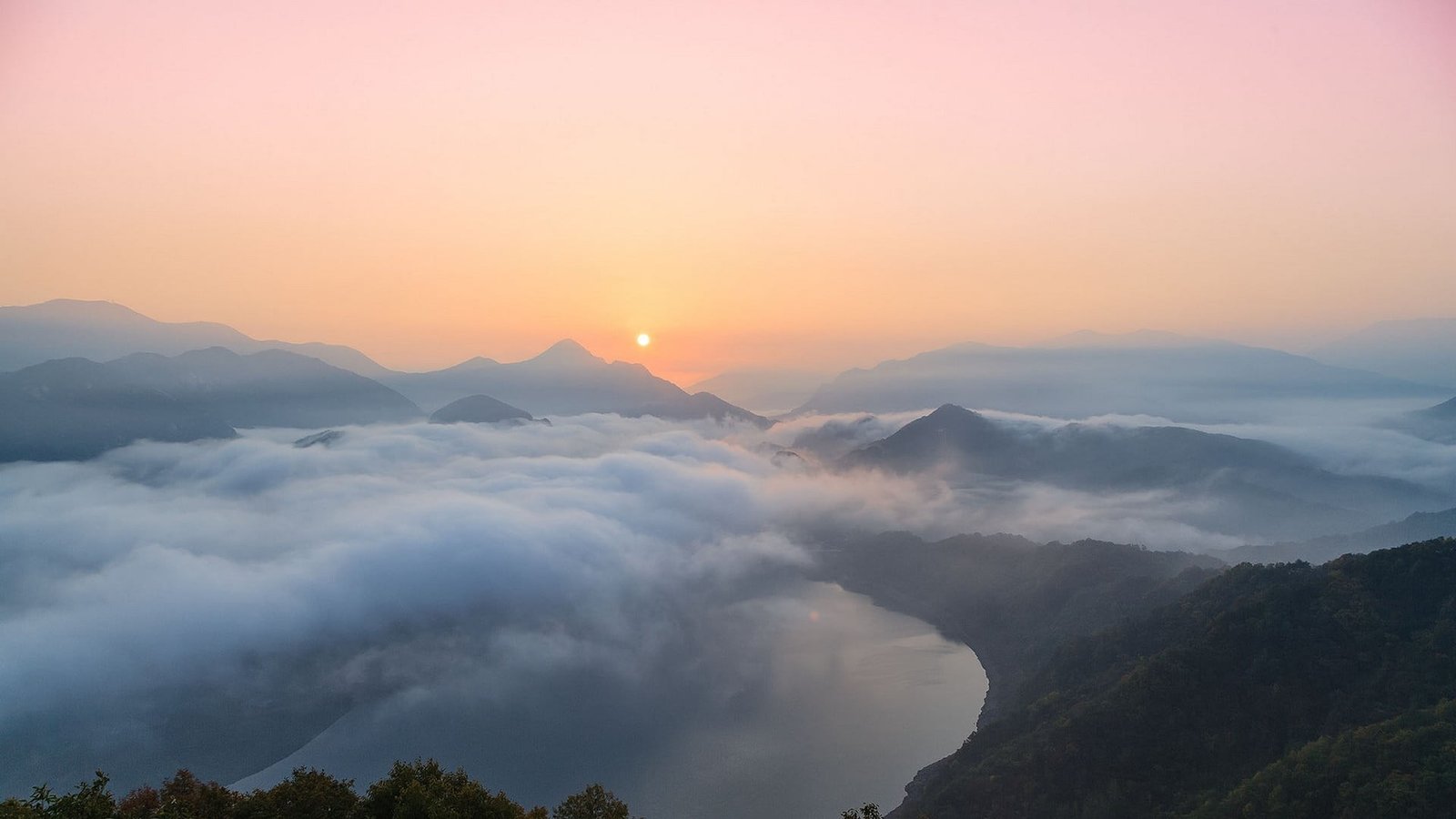 white clouds nature landscape mountains lake mist forest 2k