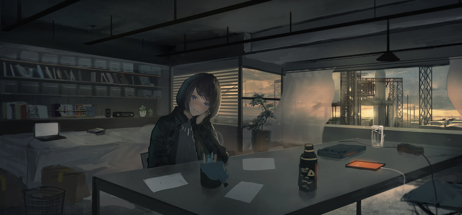 anime girls dark room sitting interior 2k