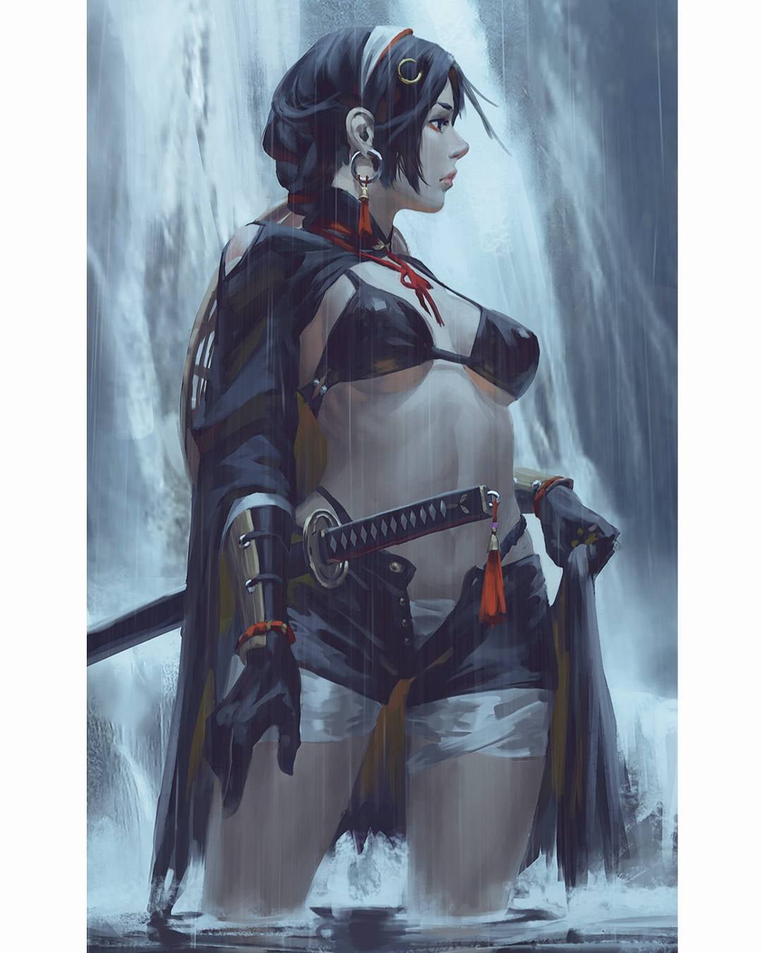 black haired female warrior character illustration GUWEIZ samurai