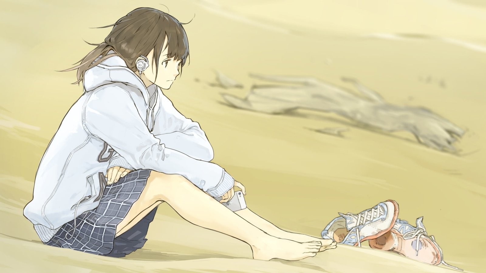 black haired woman in white hoodie illustration original characters 2k