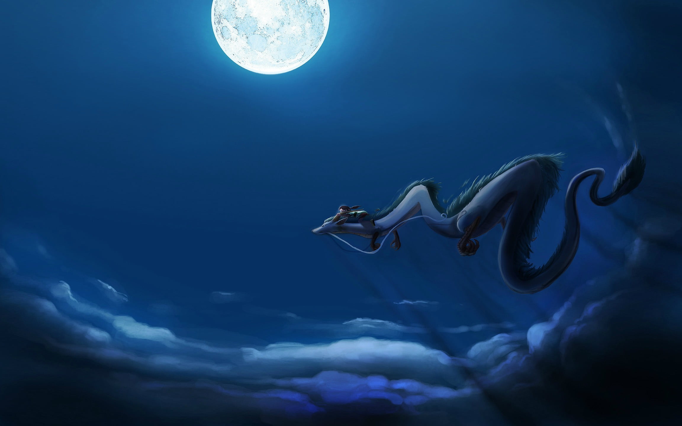 flying serpent under full moon digital wallpaper anime Spirited Away 2k