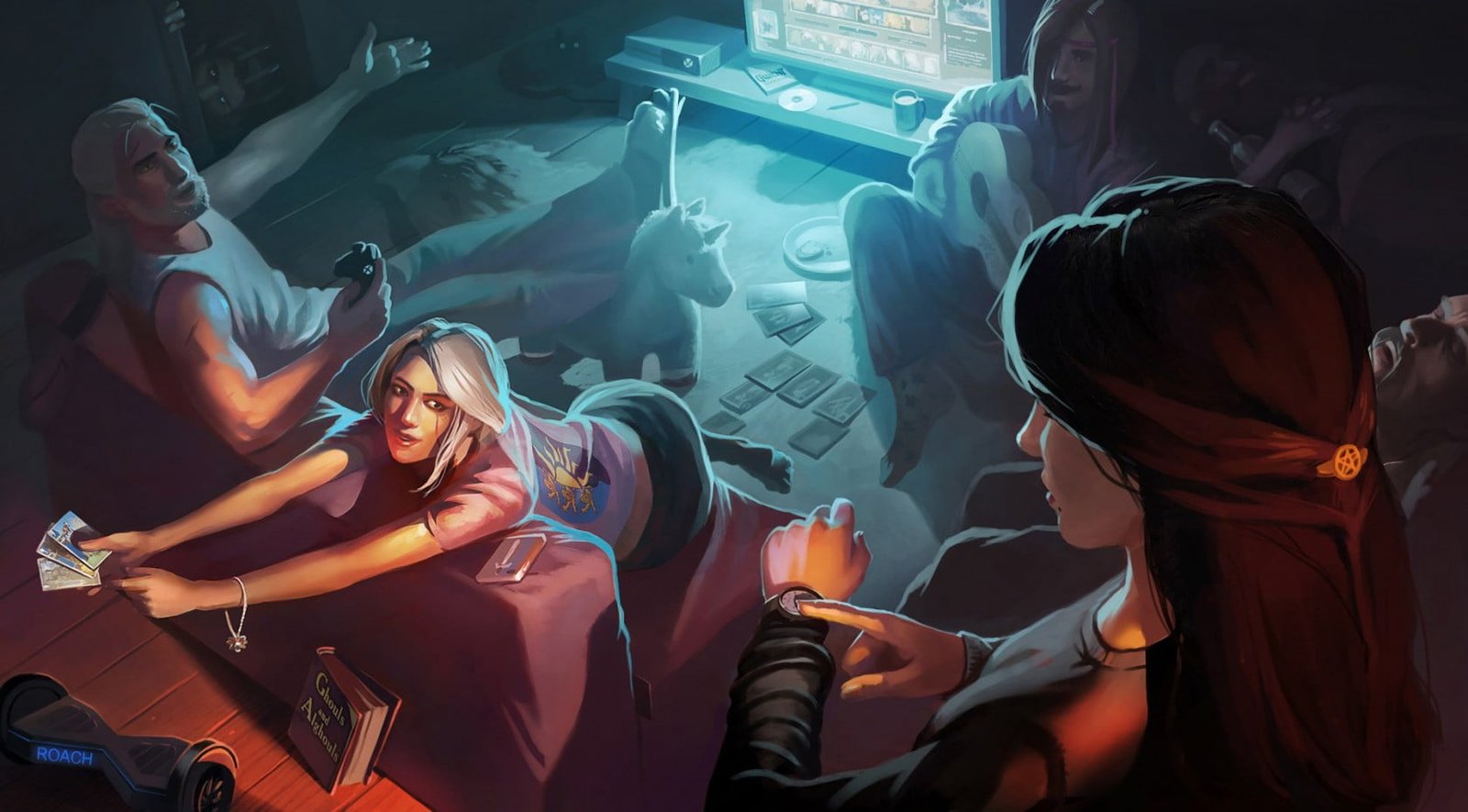 four men and women inside room illustration video games Gwent 2k