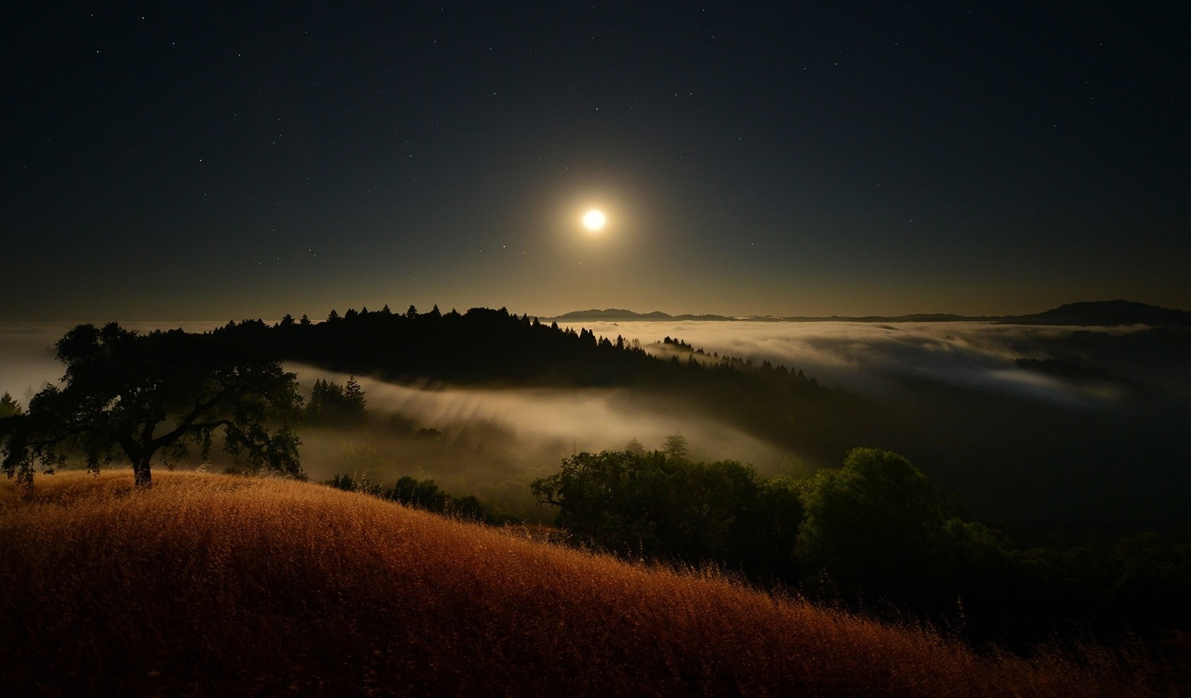 full moon and white clouds moonlight starry night mist hills 2k