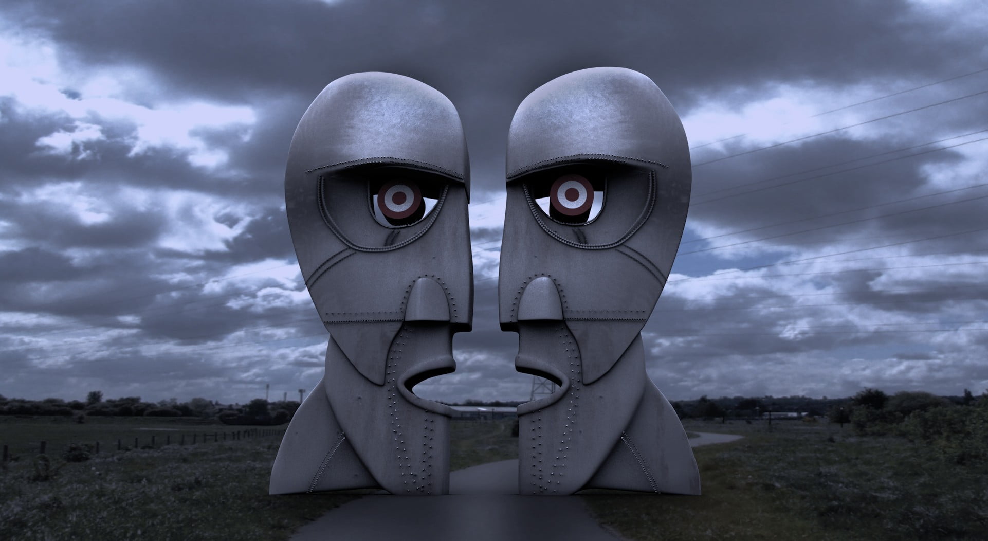 gray face gate pathway Pink Floyd the division bell sculpture 2k