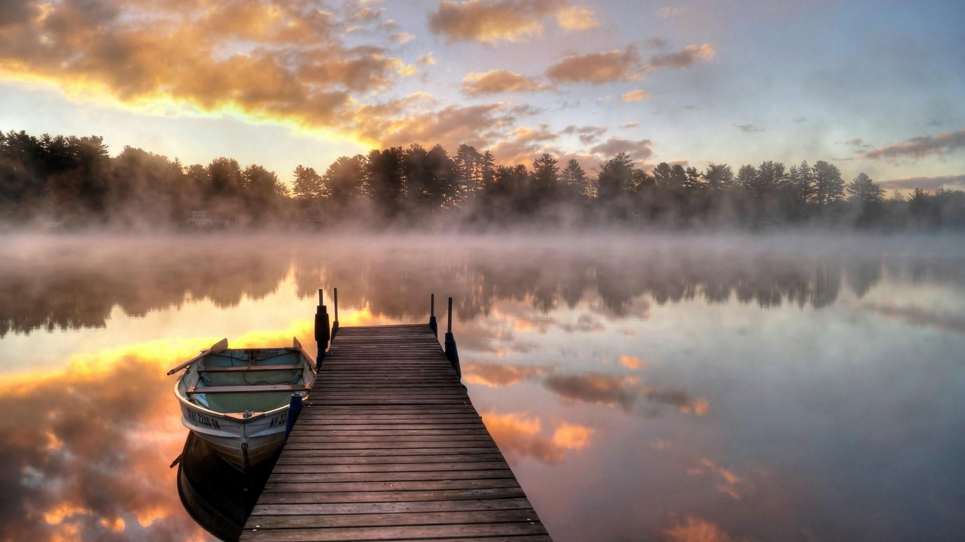 boat pier mist fog lake morning sunrise calm reflection 2k