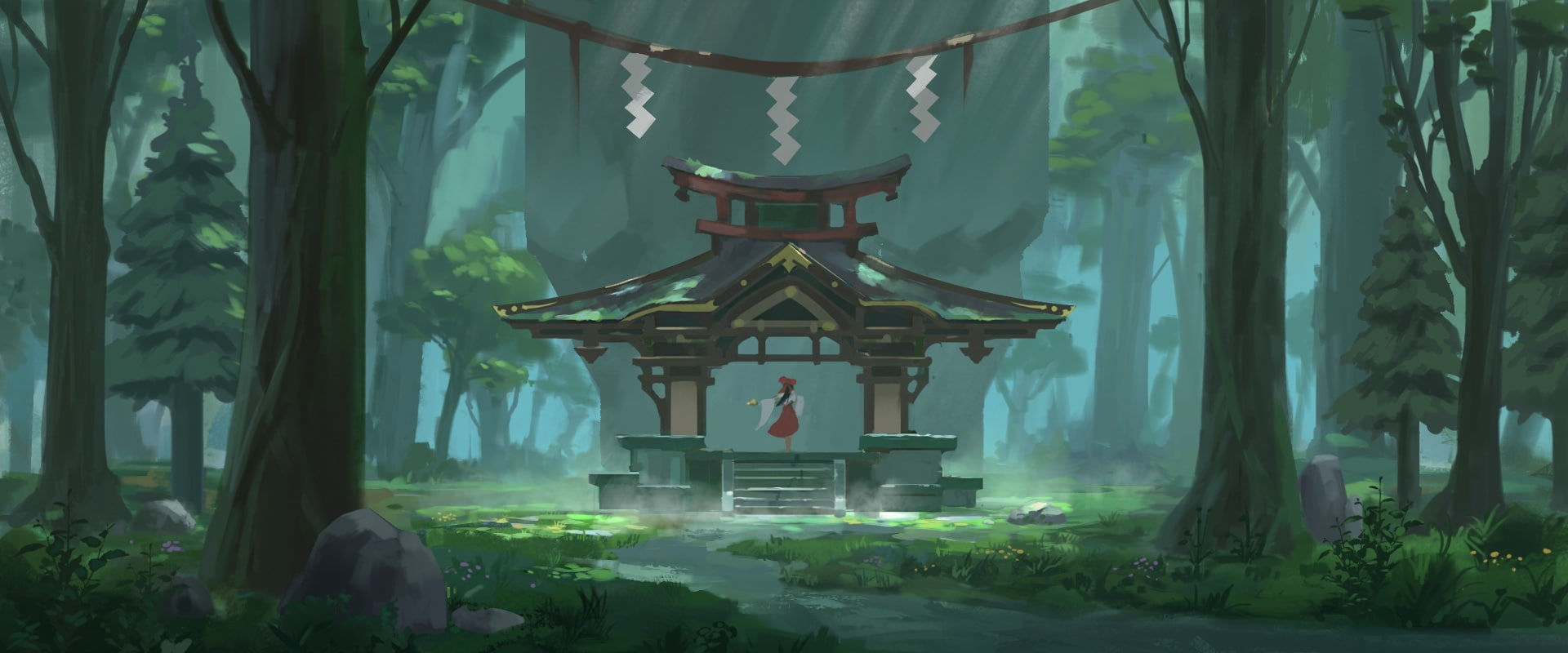 hakurei reimu shrine forest nature touhou back view Anime 2k