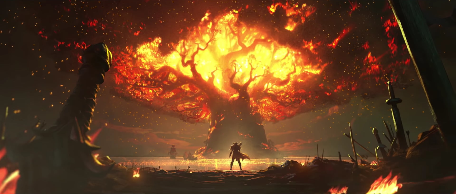 knight standing in the middle of burning tree illustration Sylvanas Windrunner 2k