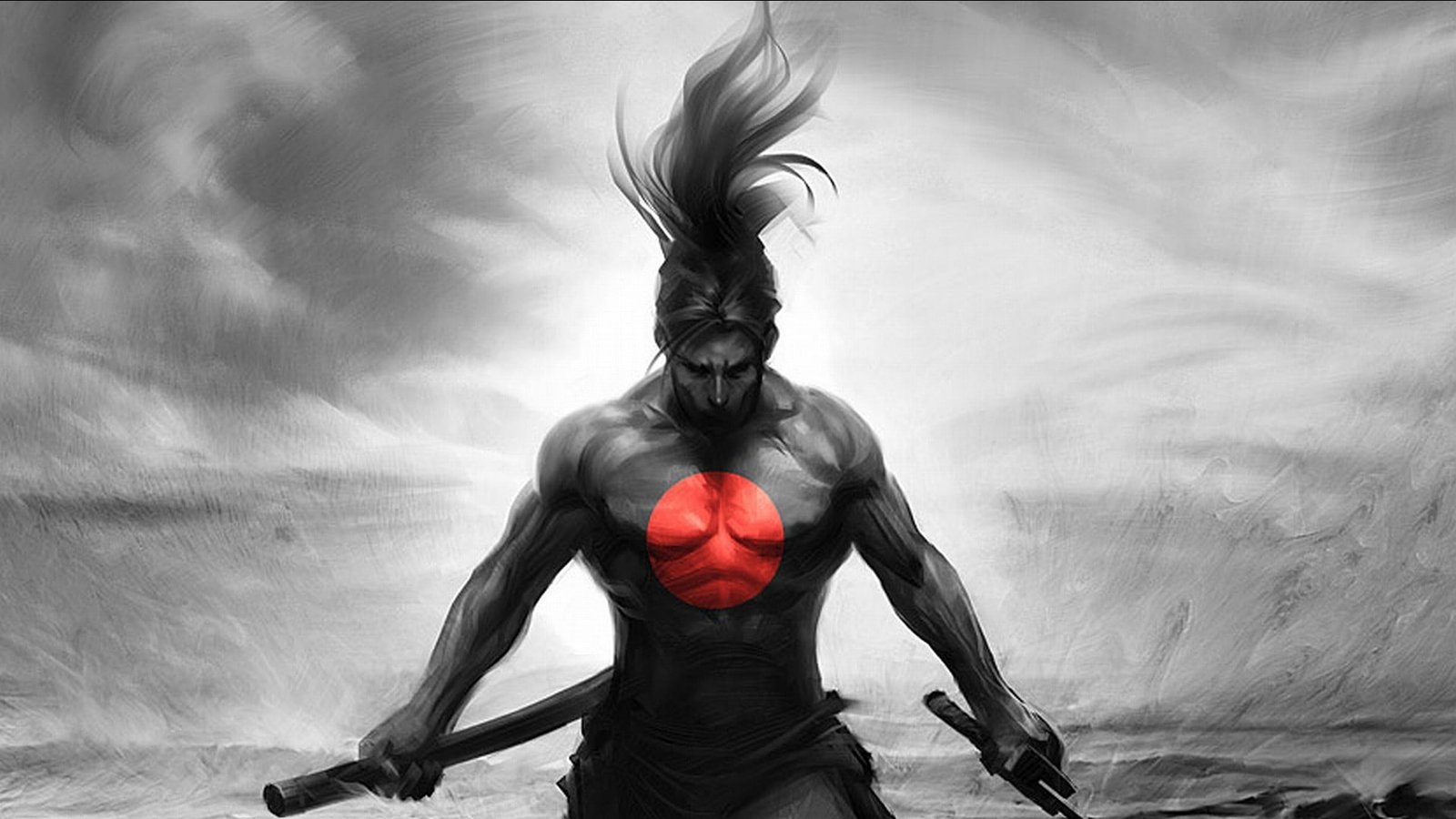 man with katana and a ponytail digital wallpaper warrior holding two swords 2k