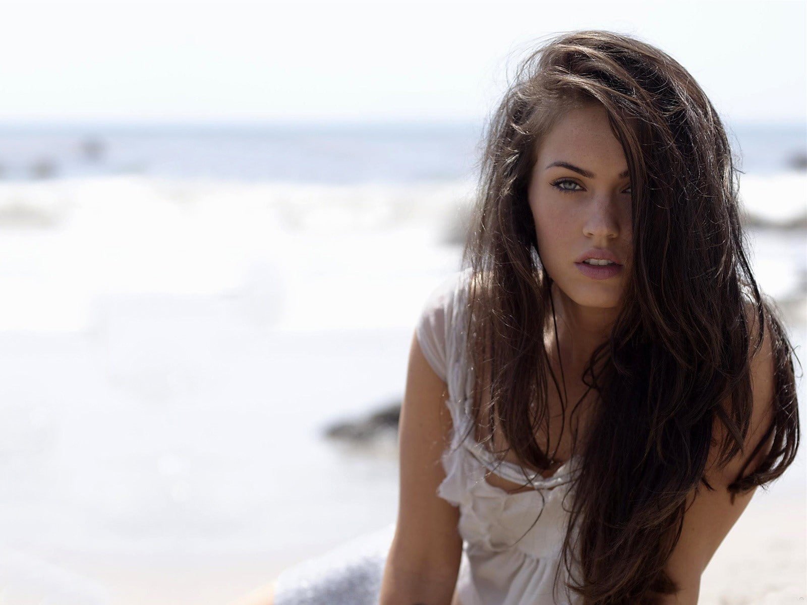 Megan Fox brunette actress long hair women looking at camera 2k