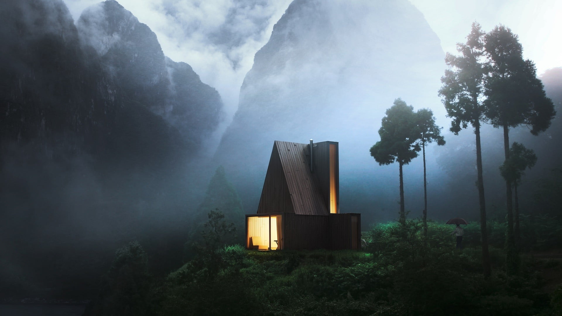 modern brown house nature trees mountains mist fog plant 2k