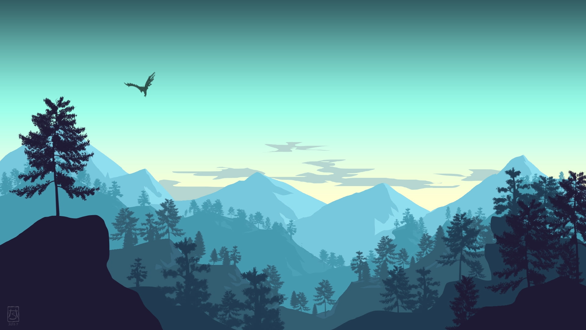 minimalistic landscape mountains forest bird sky artwork 2k