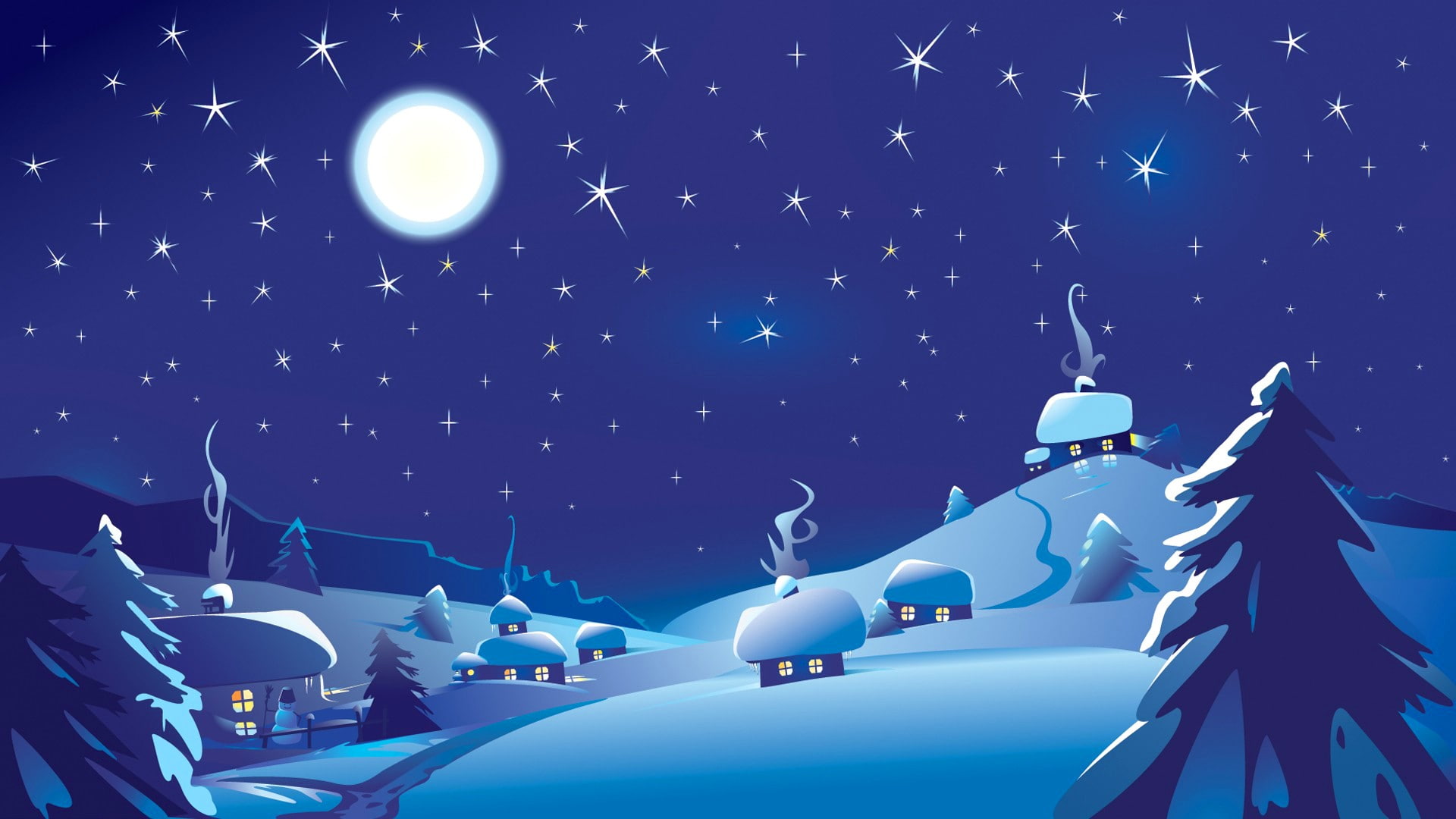 sky vector art winter hills night blue house nature 2k