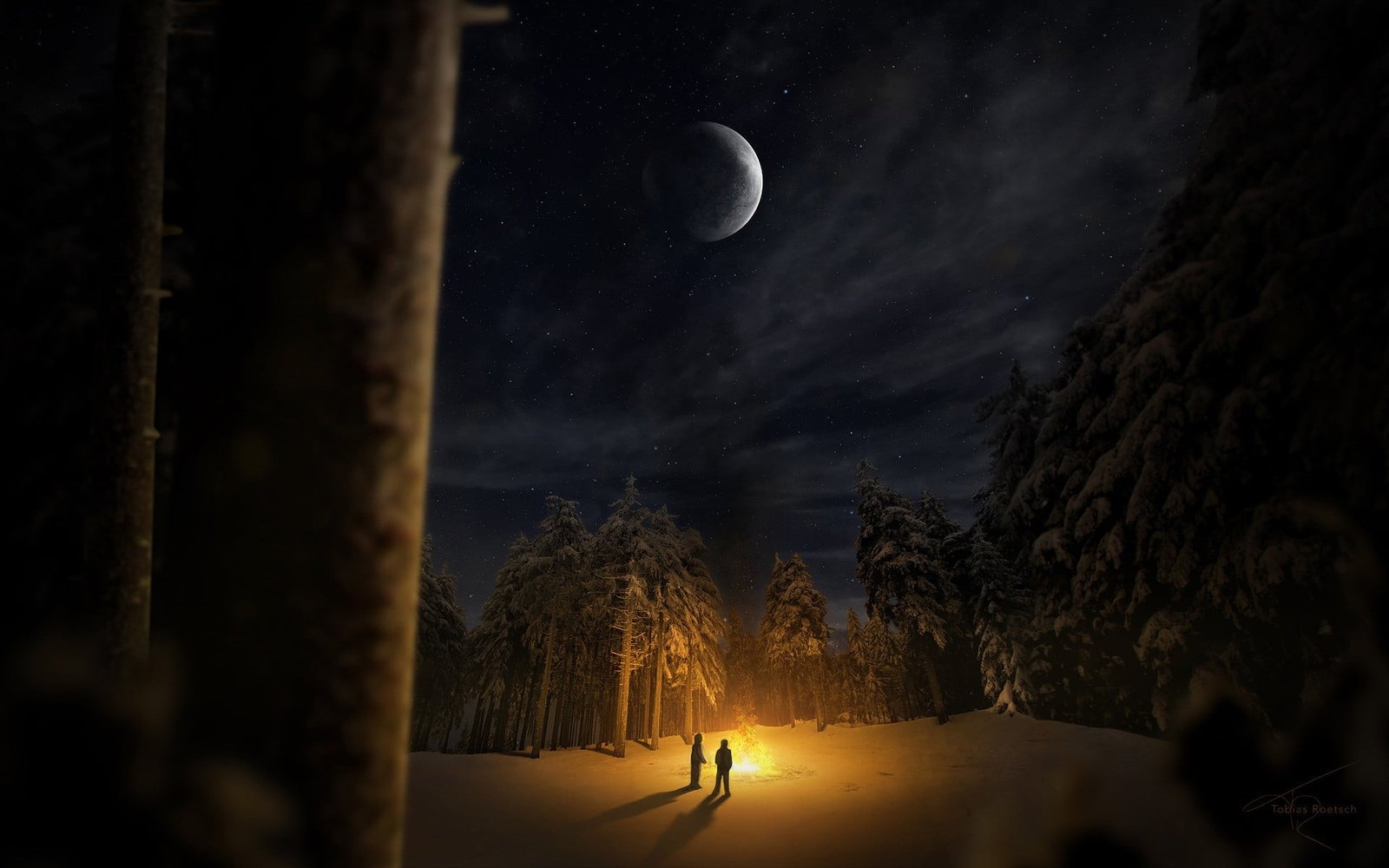 two person standing on bonfire under full moon at nighttime wallpaper 2k