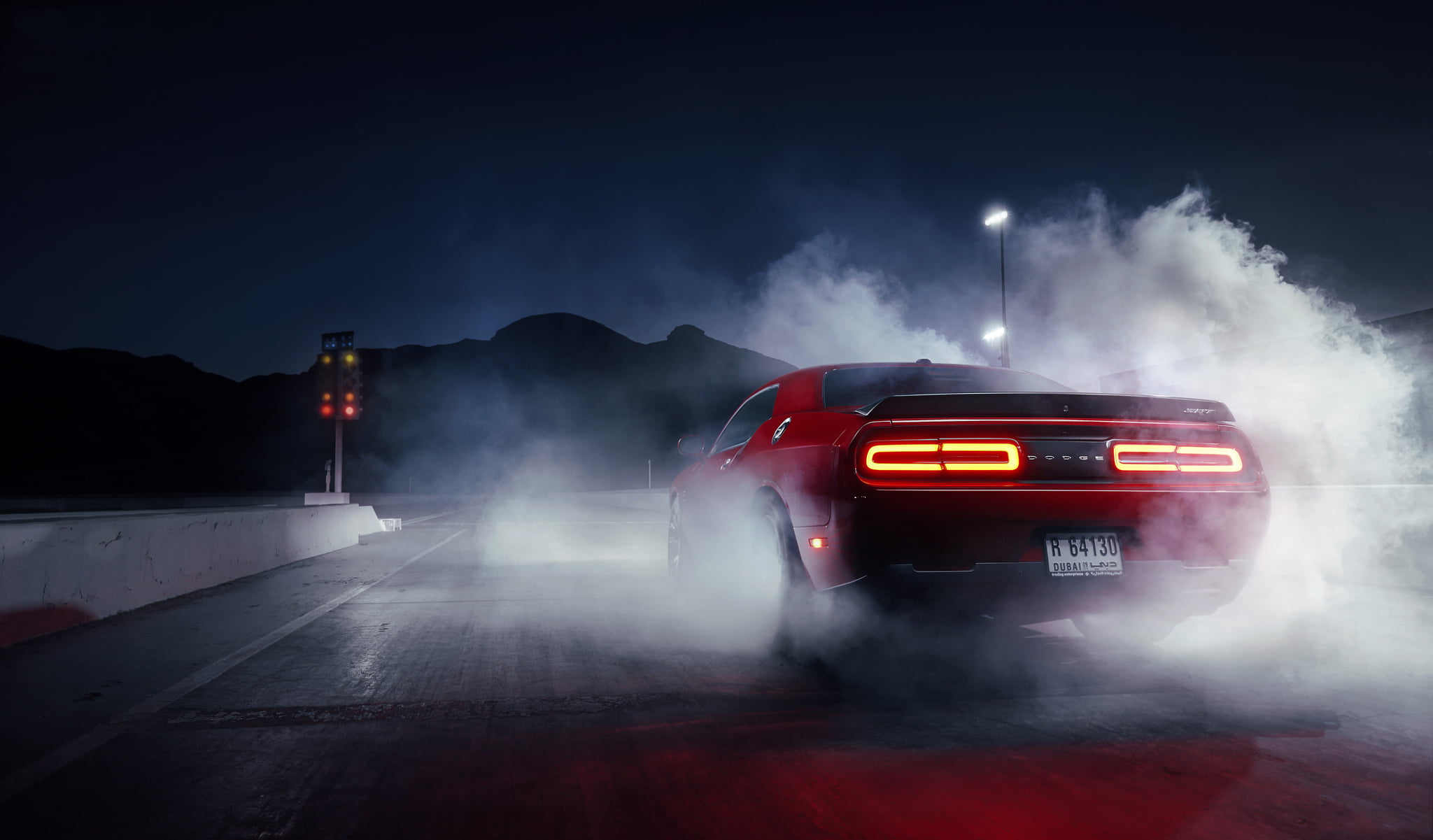 red Dodge Challenger Muscle Car Smoke Hellcat Drag Rear 2k