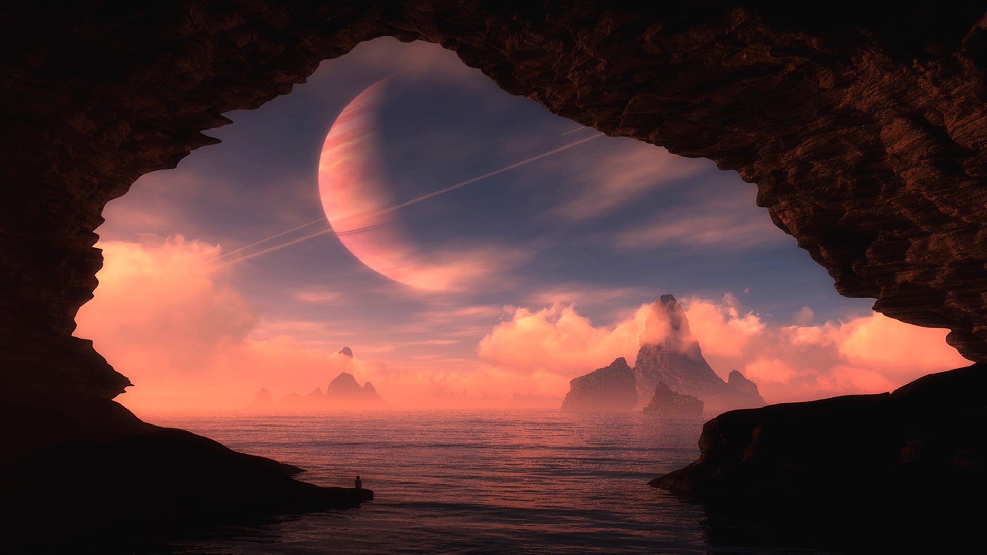 sea cave digital art science fiction space planet water 2k