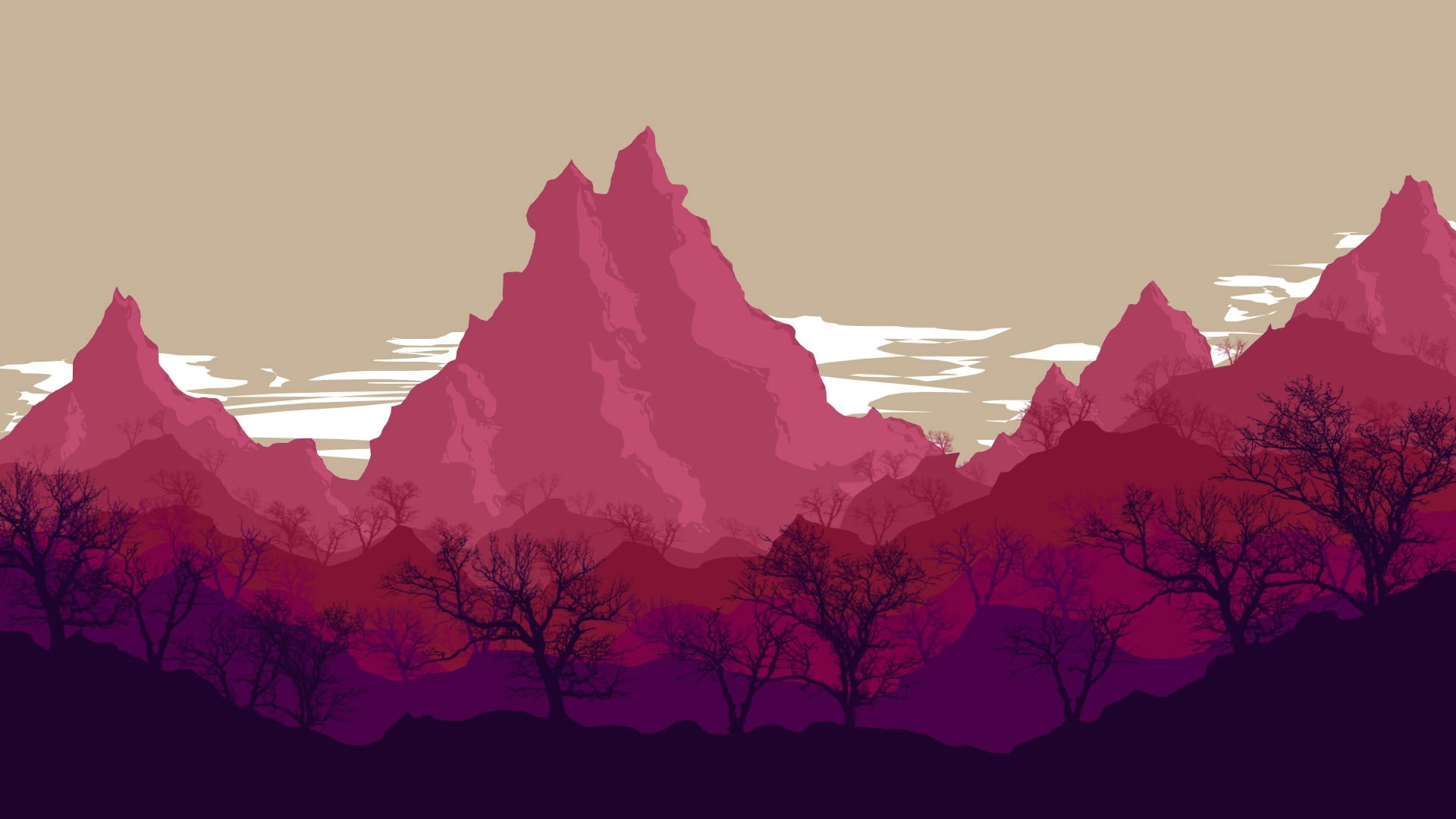 silhouette of bared trees and pink mountains illustration digital art 2k