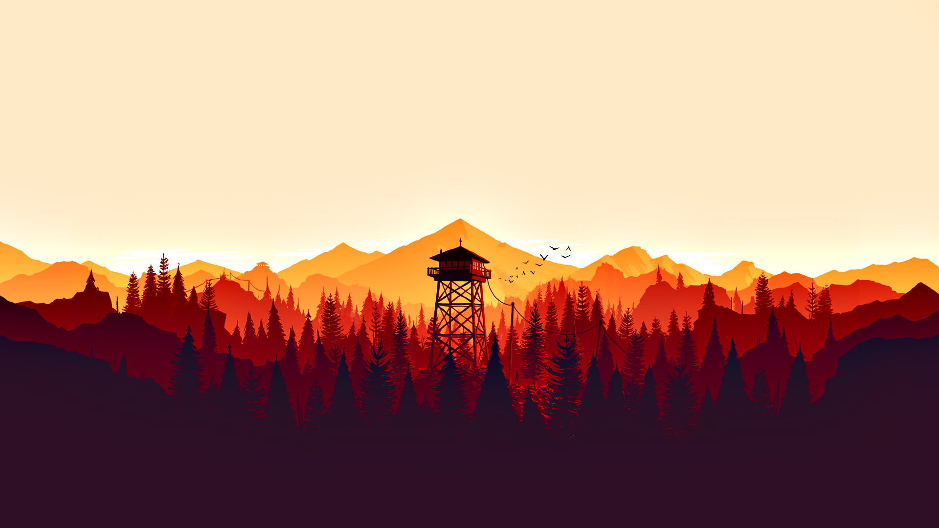 silhouette of tower illustration Firewatch video games mountains 2k