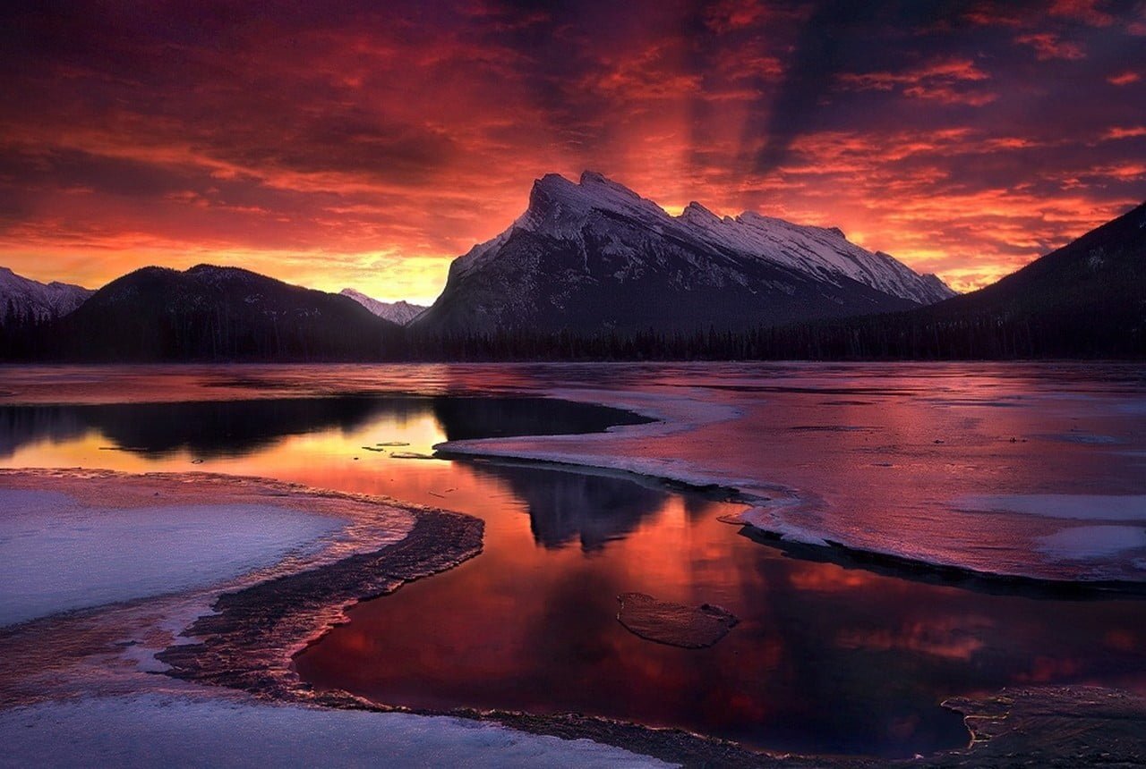 sunset scenery Banff National Park Canada mountains forest