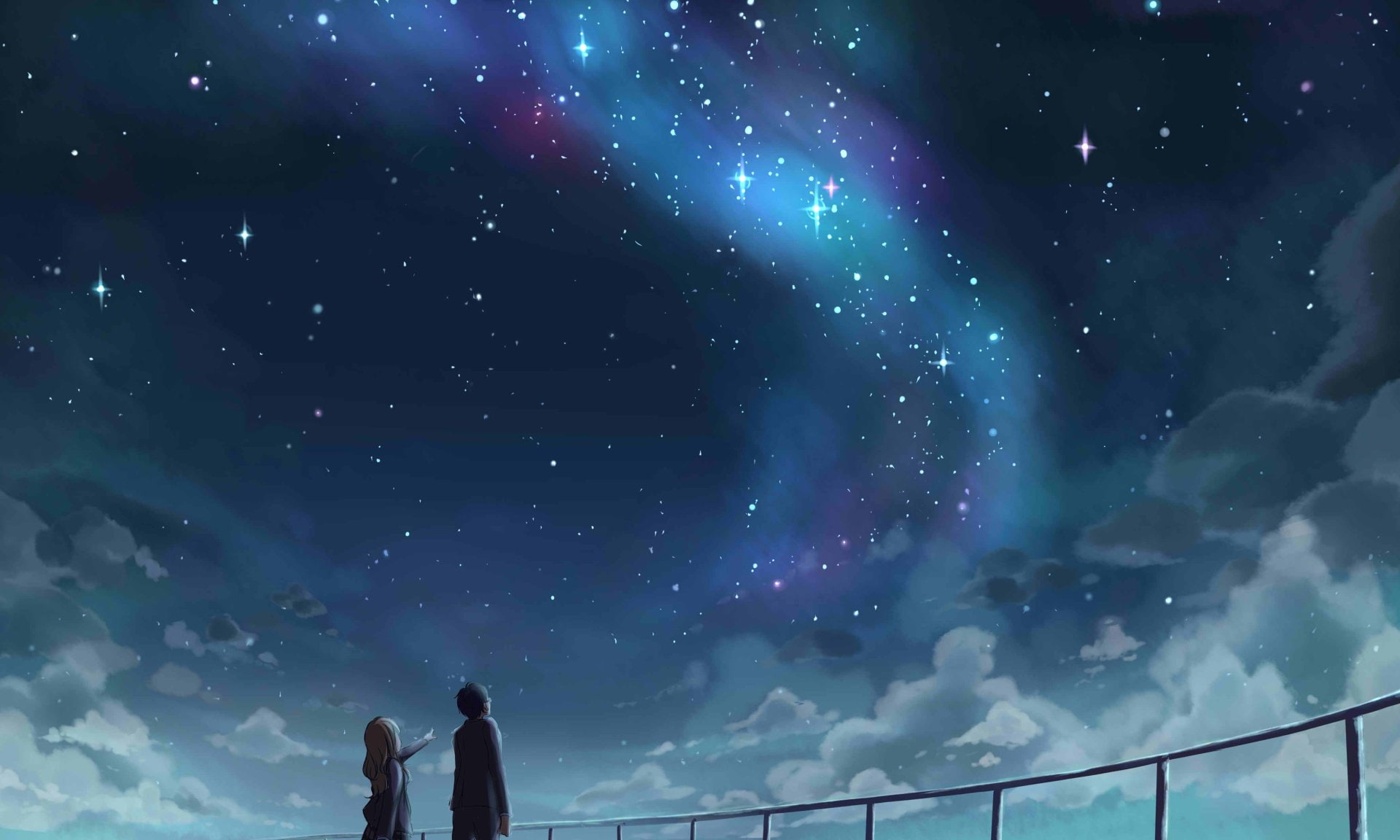 two anime character watching stars wallpaper Your Lie in April 2k