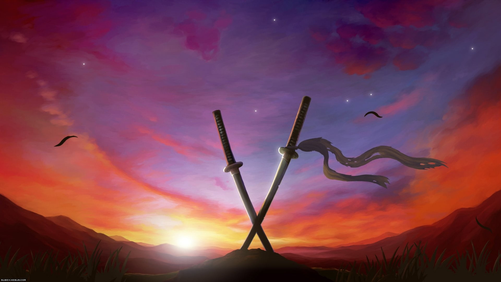 two gray swords anime wallpaper digital art sunset fantasy 2k