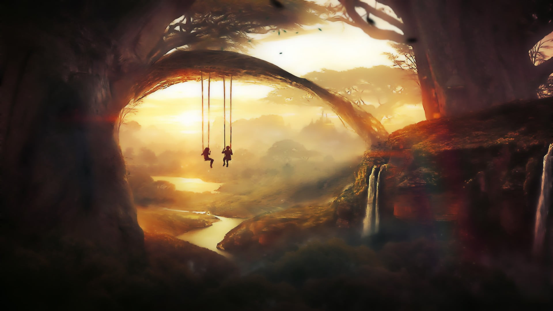 two person riding on swing digital wallpaper near body of water illustration 32 2k