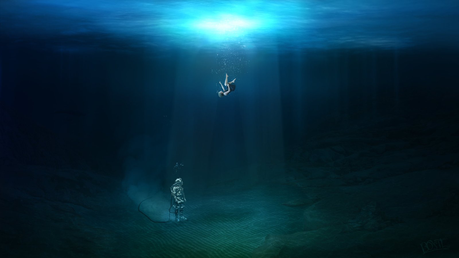water underwater digital art divers women drowning sun rays 2k