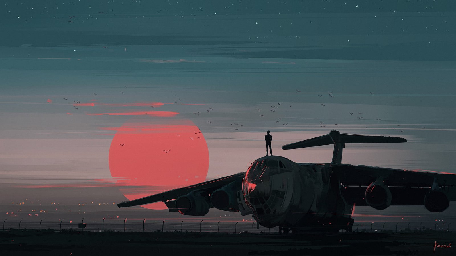 white airplane man standing on plane digital art Aenami sunset 2k