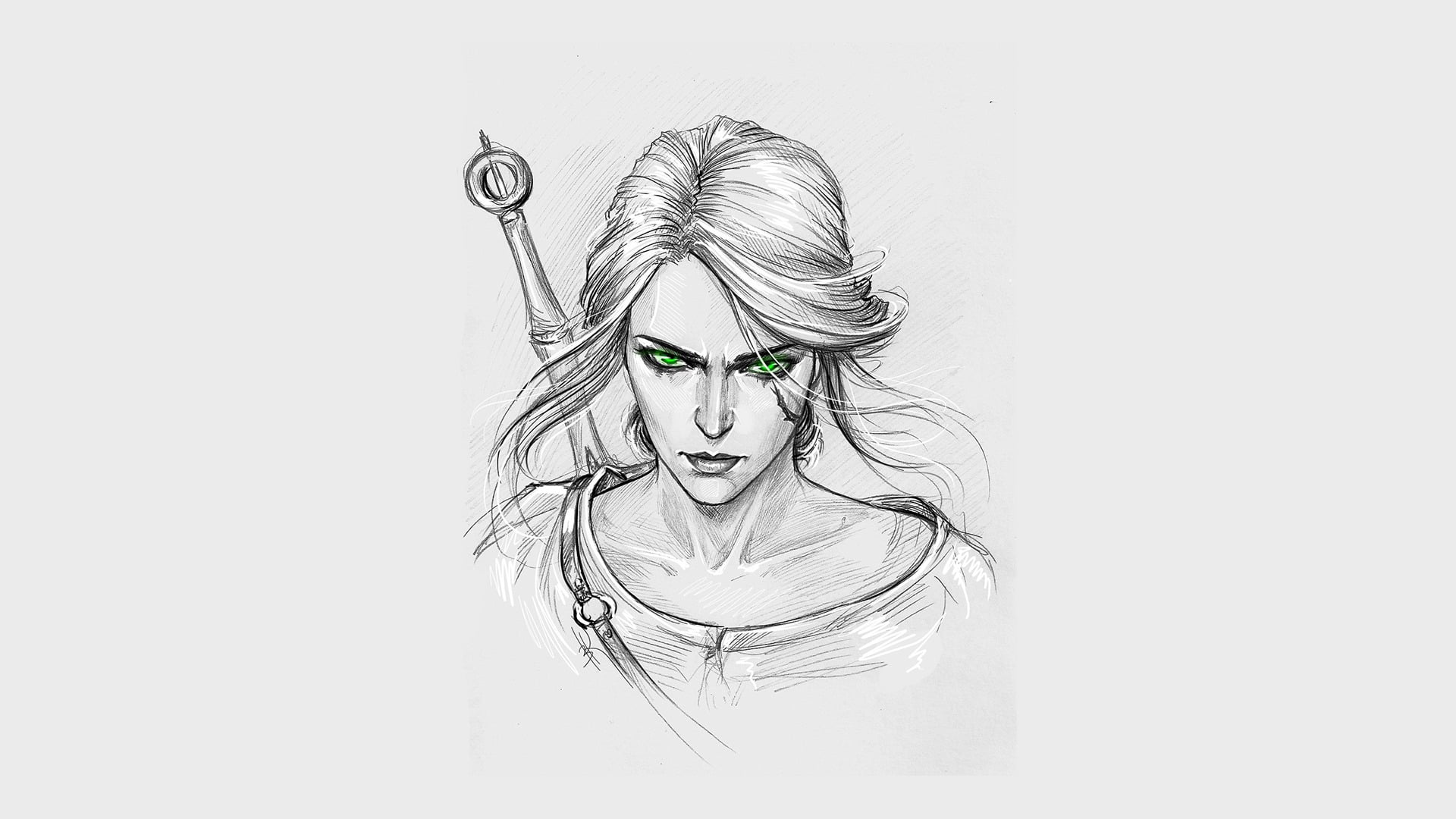 woman with sword sketch The Witcher 3 Wild Hunt fan art green eyes 2k