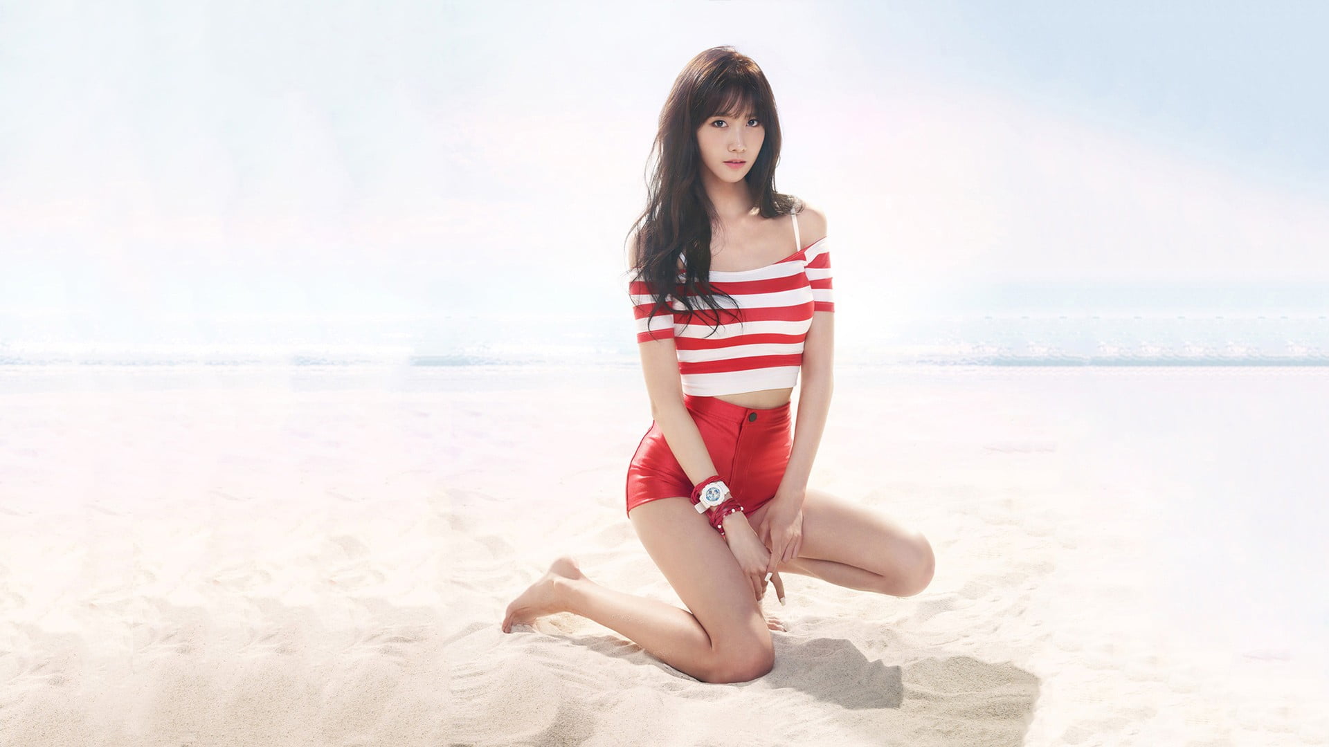 women's red and white striped off shoulder top Yoona Im 2k