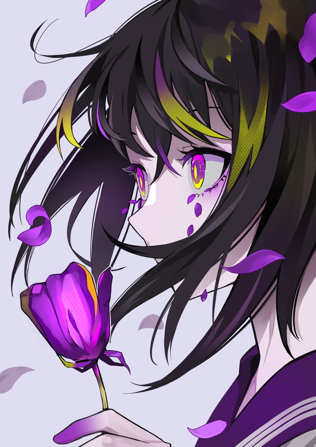 anime girls original characters dark hair purple eyes flowers