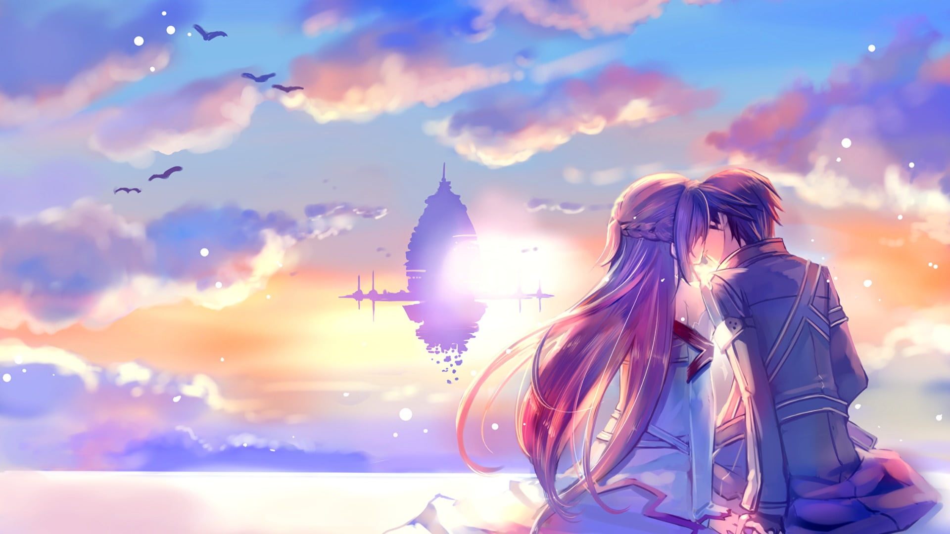 anime girls Sword Art Online kissing back clouds Kirigaya Kazuto 2k