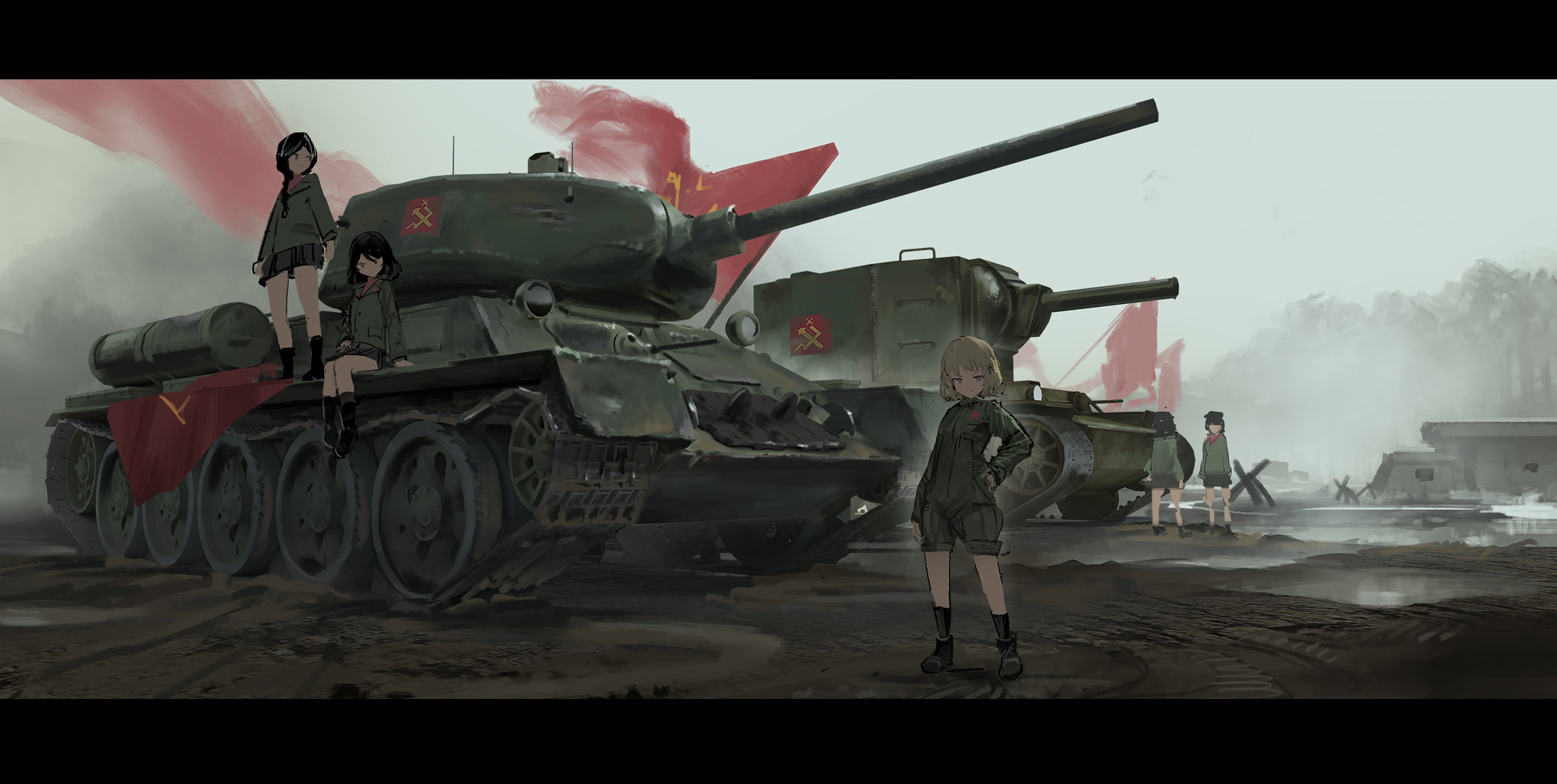 anime girls Girls und Panzer tank T 34 85 KV 2 military 2k