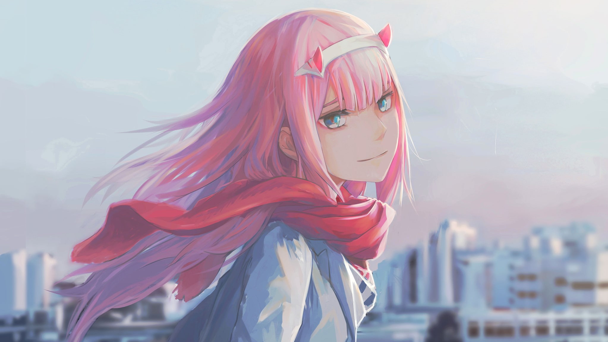 anime girls Zero Two Darling in the FranXX pink hair 2k