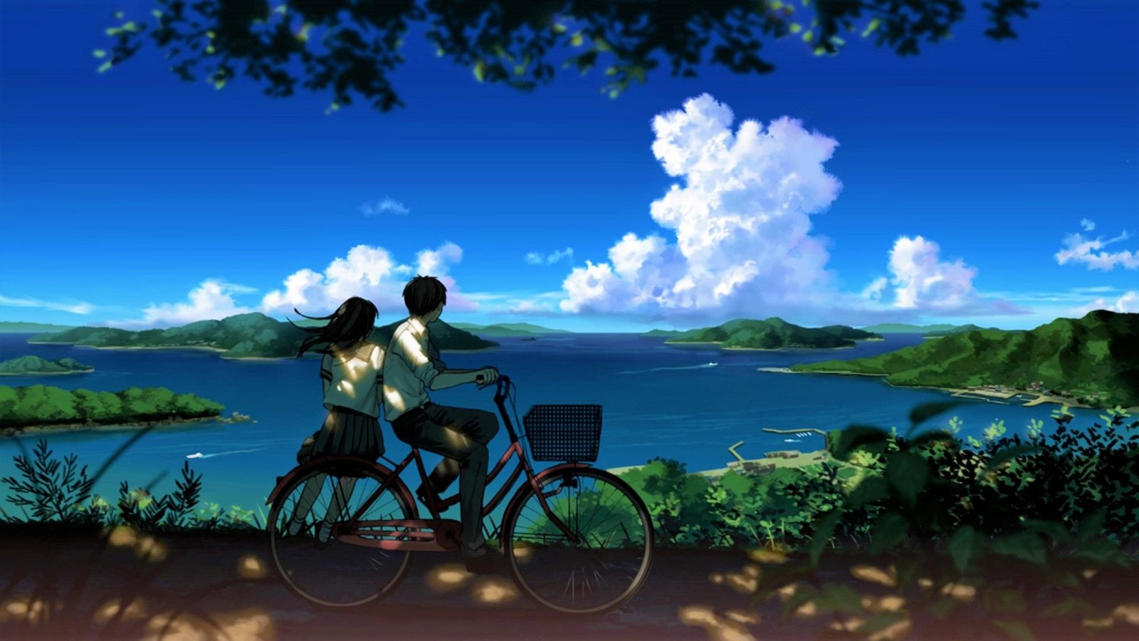 Anime Original Bicycle Bike Boy Cloud Couple Girl Lake 2k