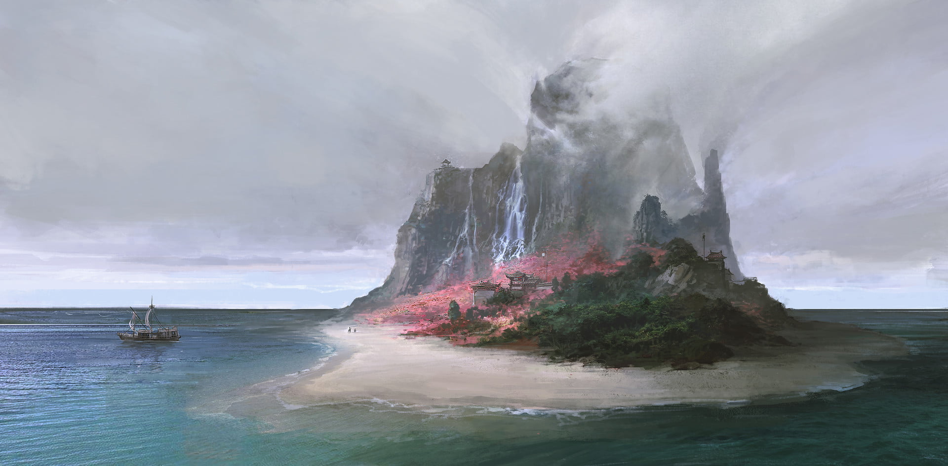 artwork fantasy art ship island mountains sea beach cherry blossom 2k
