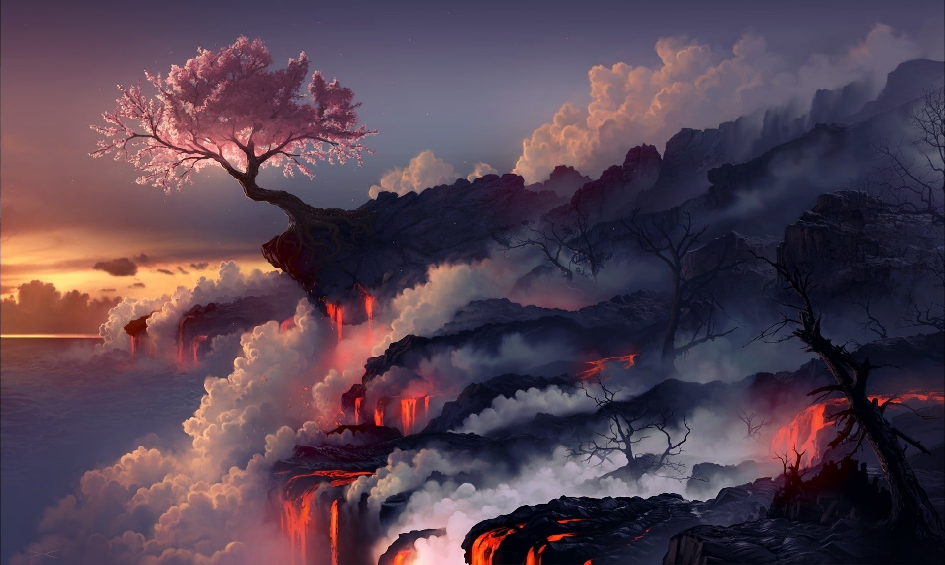 artwork nature landscape fantasy art fire trees lava cherry blossom clouds smoke digital fightstar album covers 2k