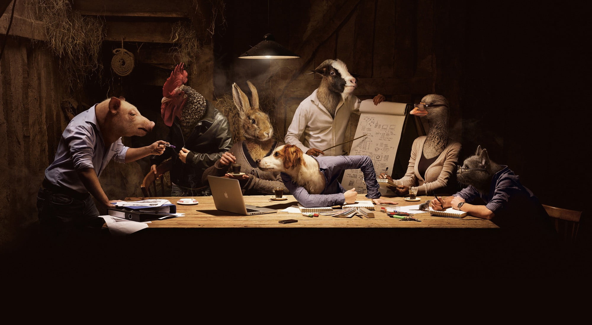 assorted animals illustration group of sitting near table with MacBook scene 2k