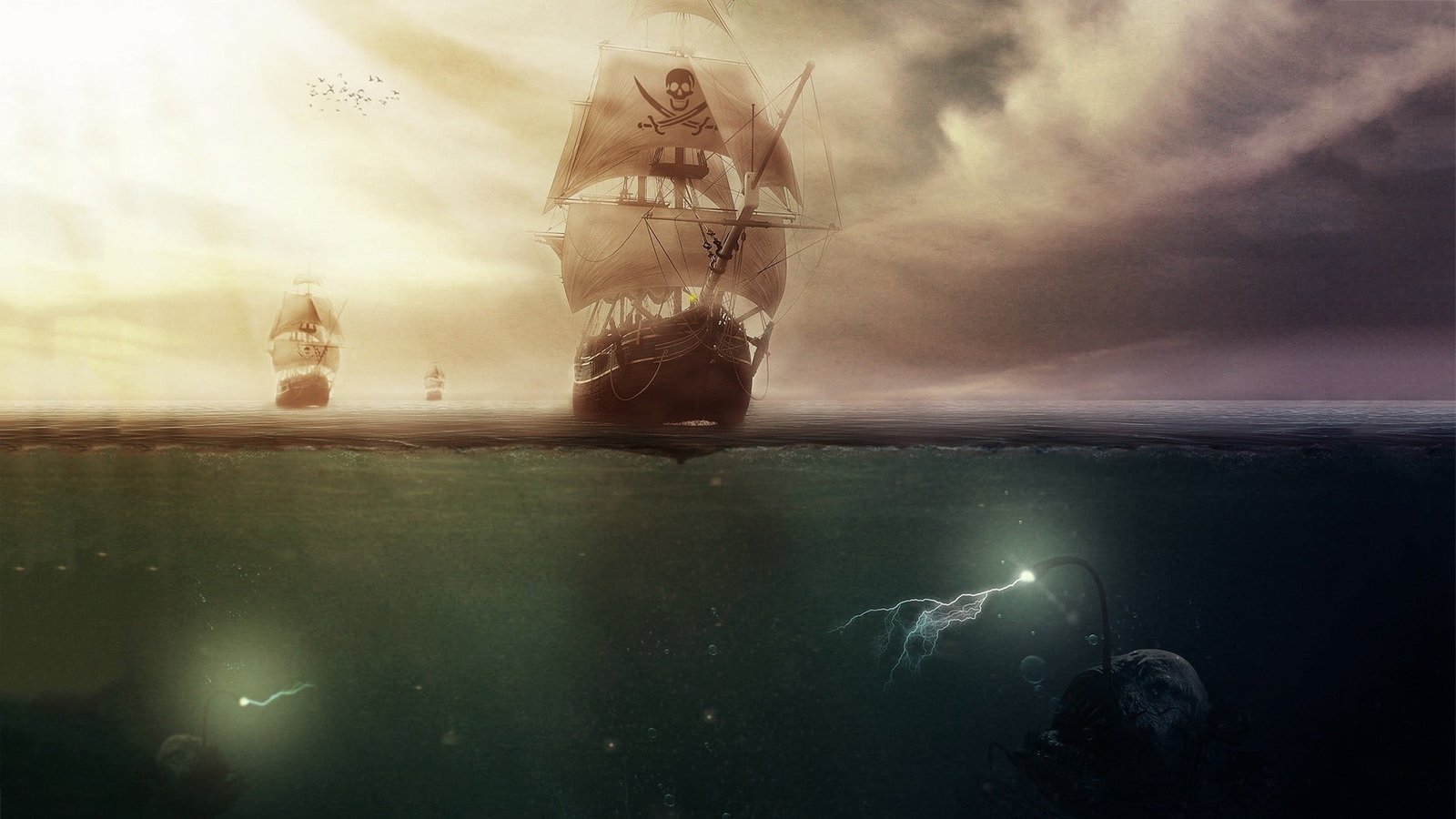 battle ships with fish under sea illustration artwork sailing ship 2k