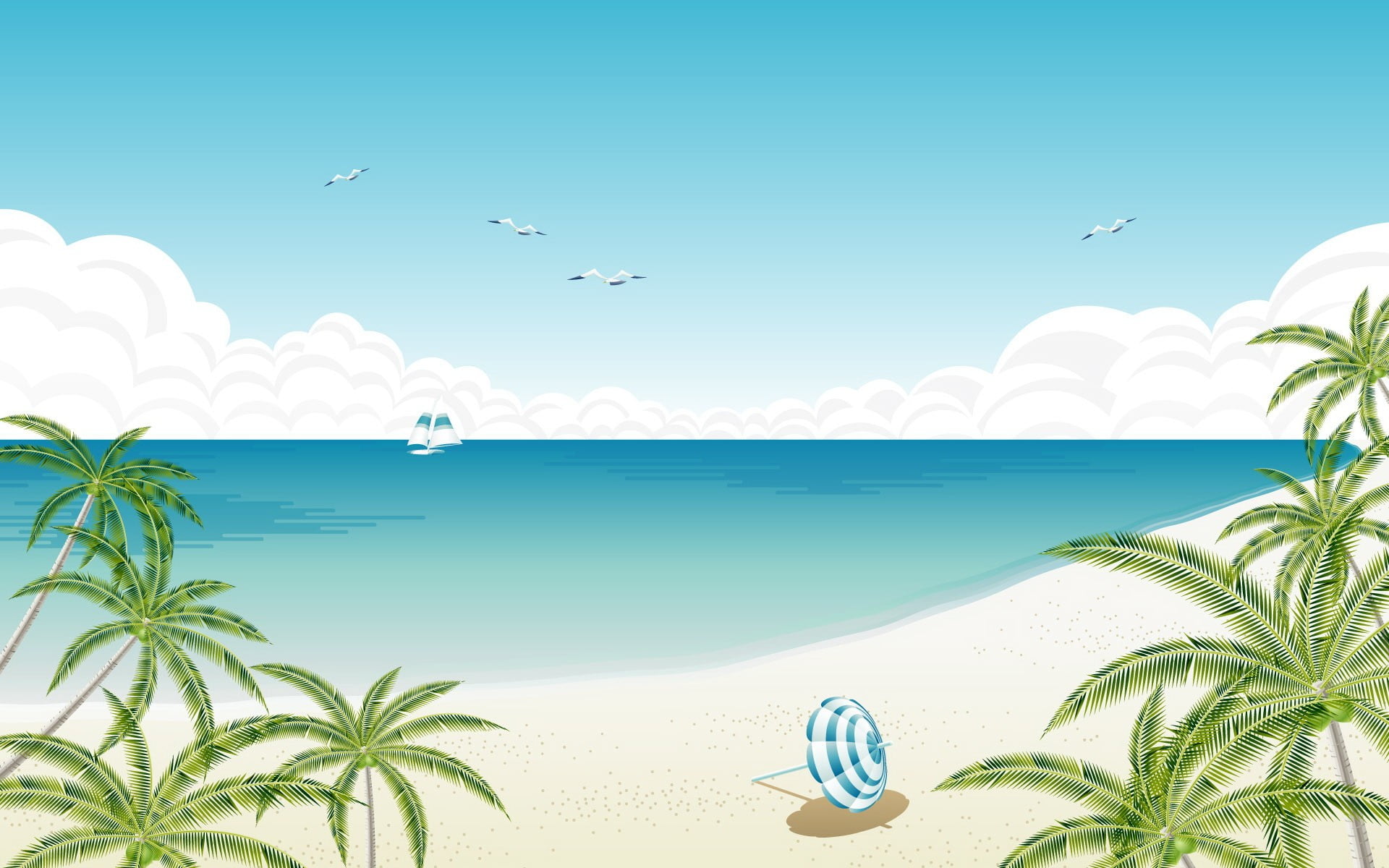 beach illustration palm trees umbrella shore Vector yacht 2k