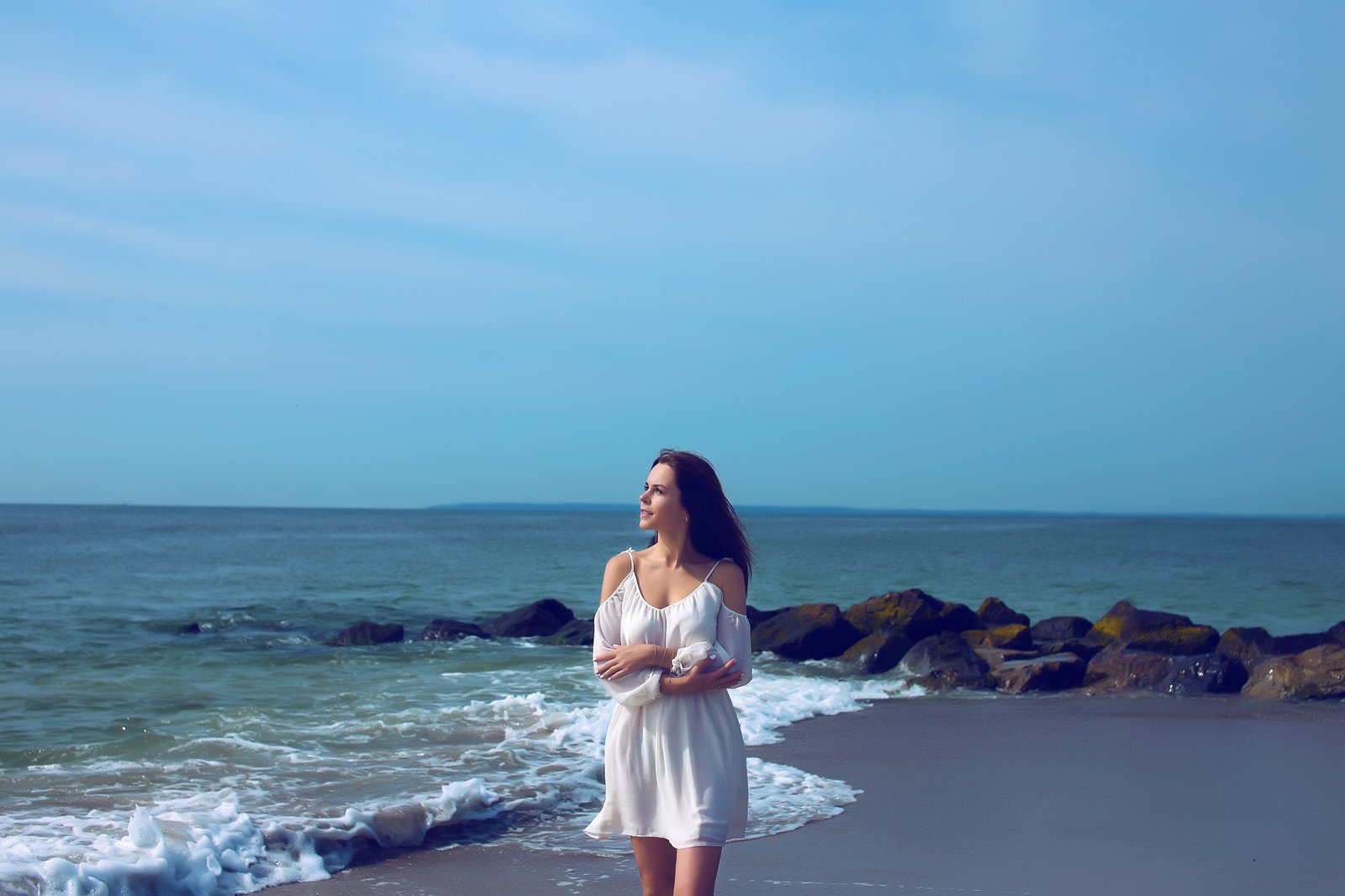 beach nature sea women outdoors model blue water sky 2k
