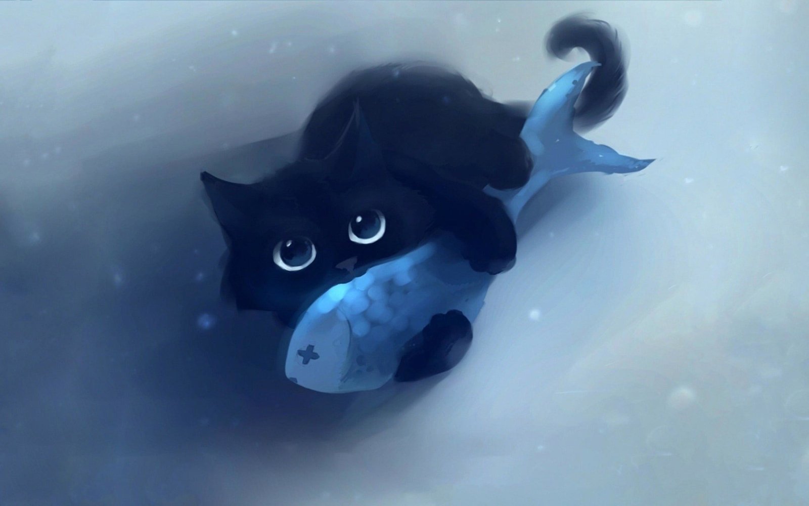 black cat holding fish wallpaper cartoon Apofiss artwork animals 2k