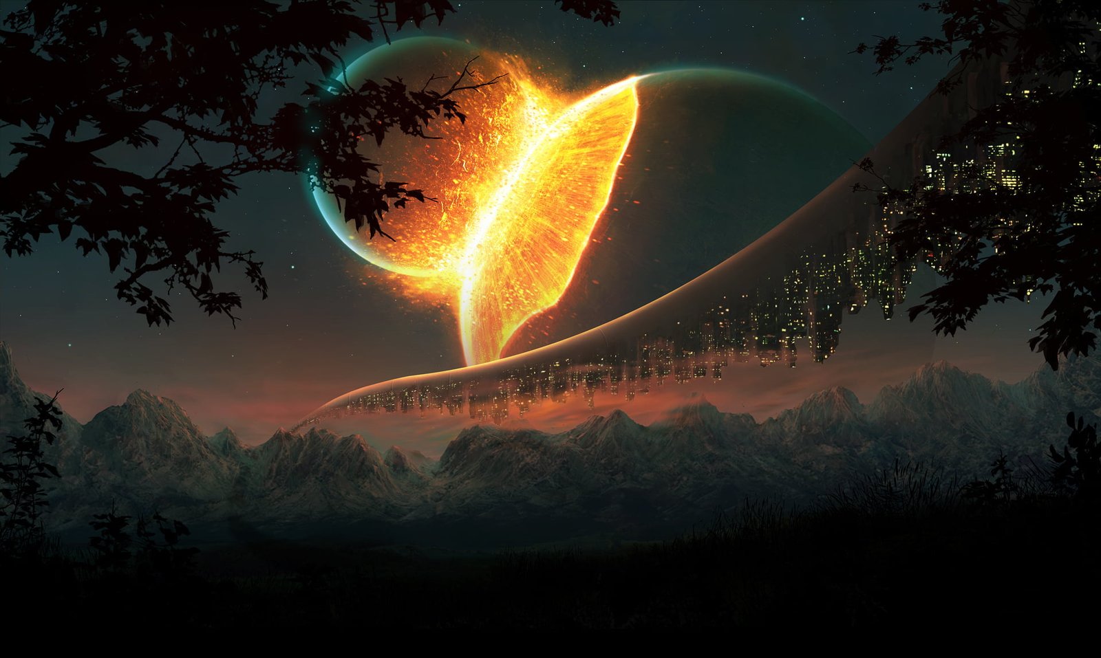 black tree two planets photo science fiction landscape space 2k