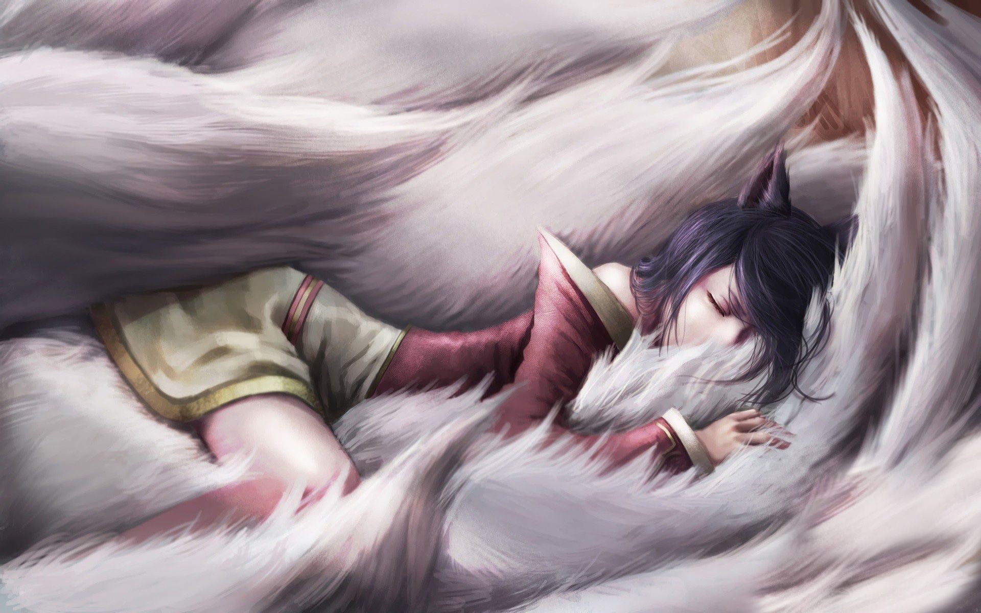 black haired female anime character wallpaper Ahri League of Legends 2k