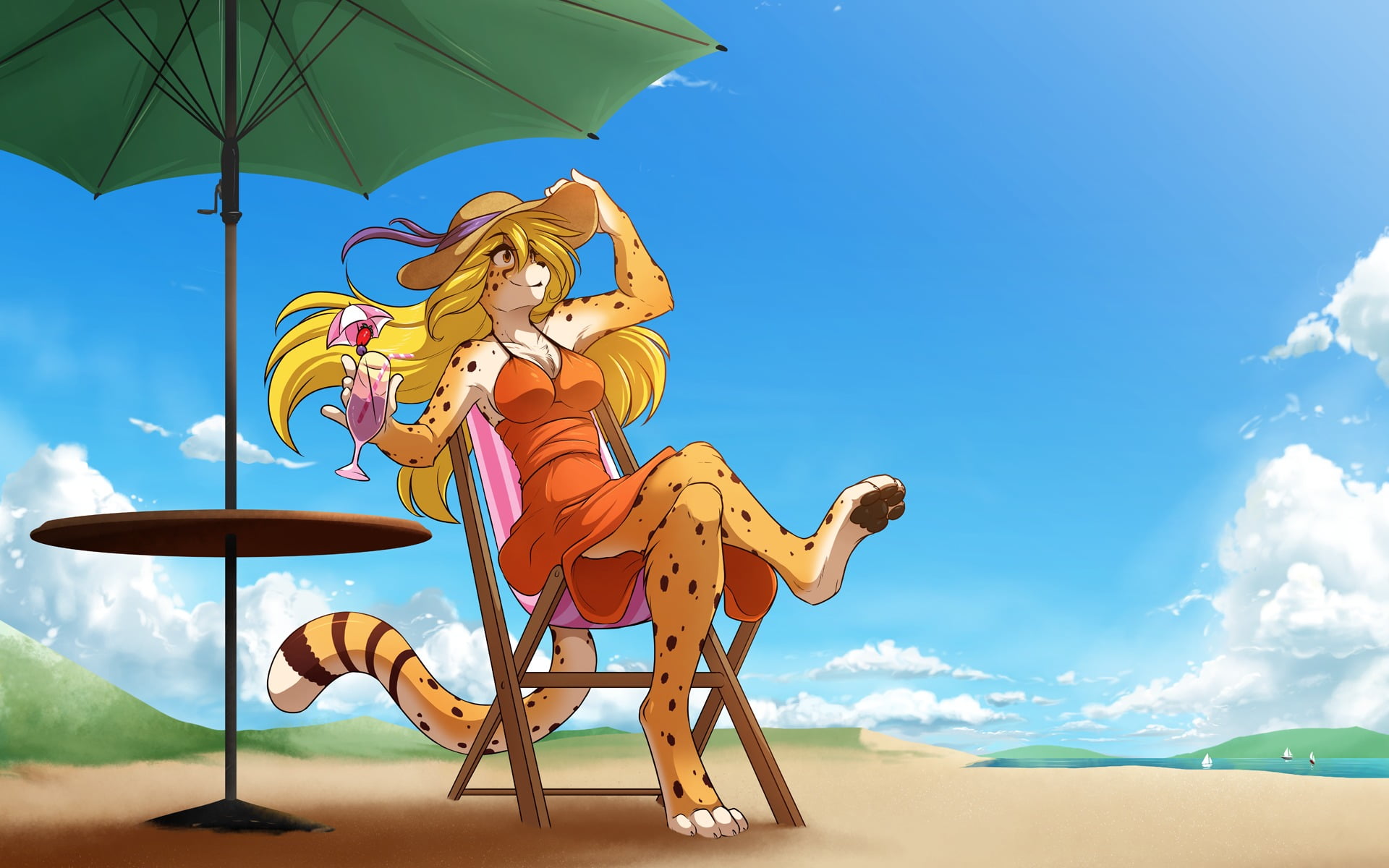 blue and red bird painting furry Anthro beach cheetah sky 2k